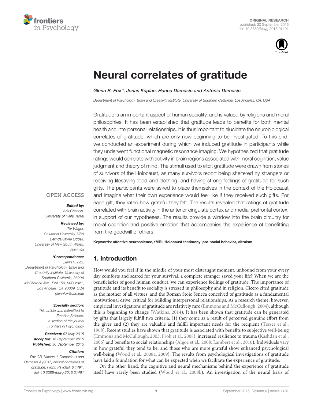 Neural Correlates of Gratitude