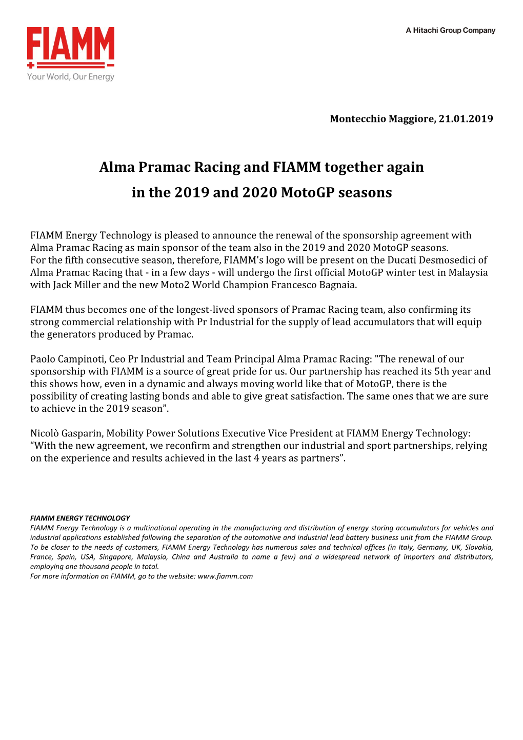 Alma Pramac Racing and FIAMM Together Again in the 2019 and 2020 Motogp Seasons