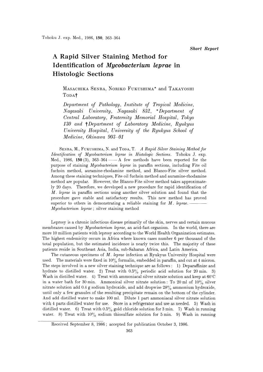 A Rapid Silver Staining Method for Identification of Mycobacterium Leprae in Histologic Sections