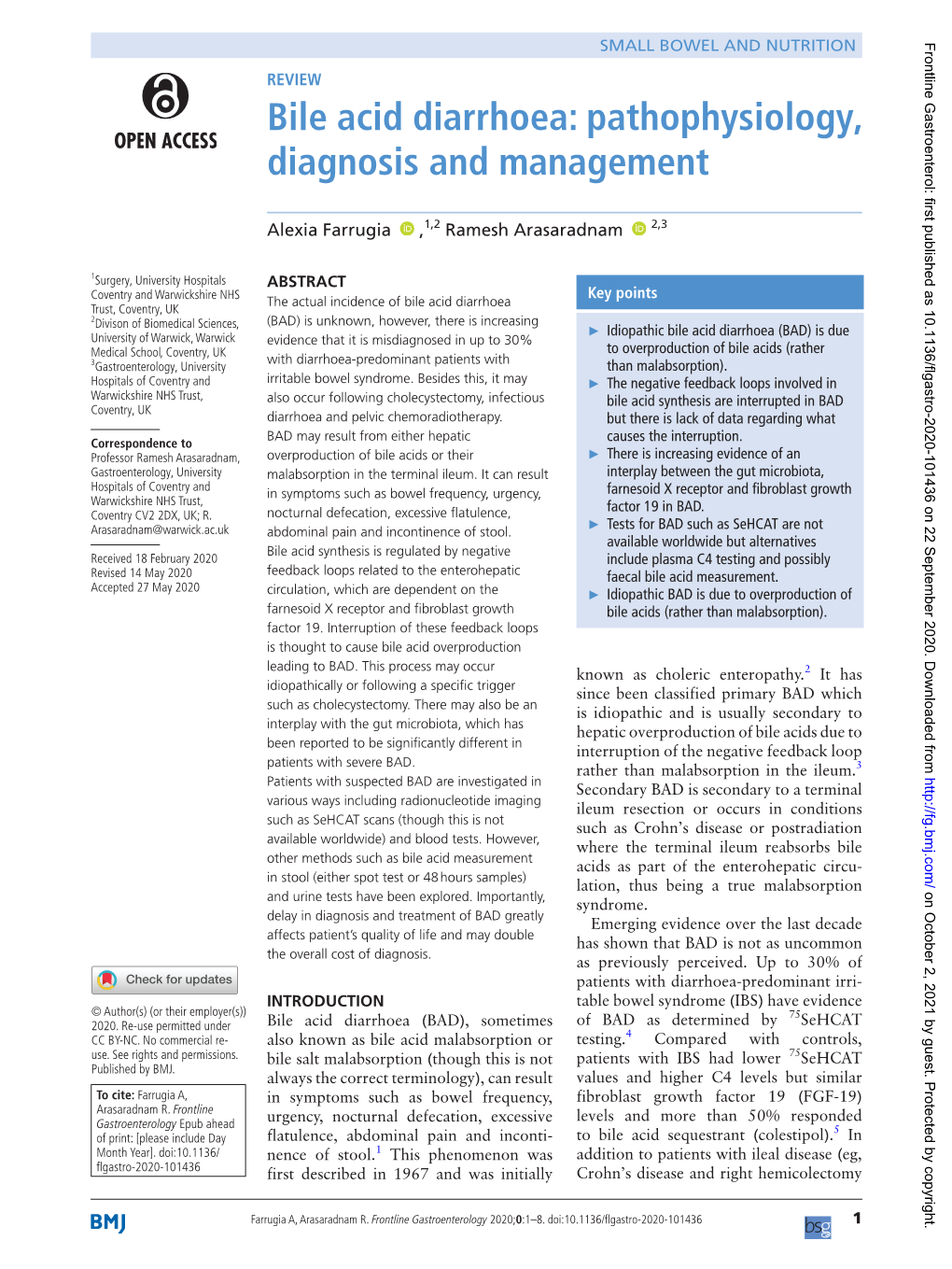 Bile Acid Diarrhoea: Pathophysiology, Diagnosis and Management