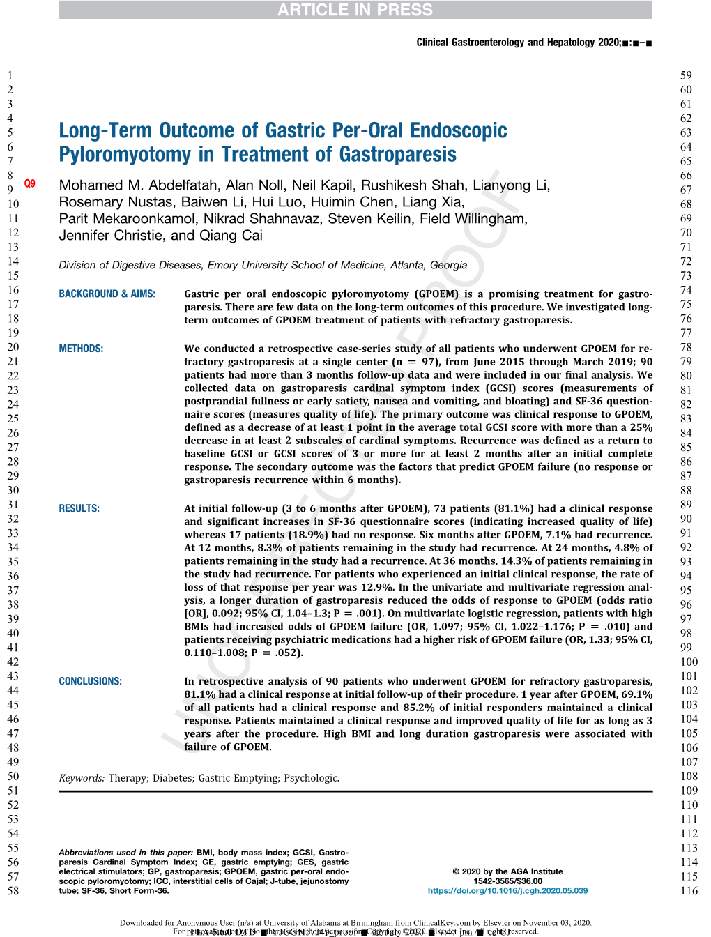 Long-Term Outcome of Gastric Per-Oral Endoscopic 63 6 64 7 Pyloromyotomy in Treatment of Gastroparesis 65 8 66 9 Q9 Mohamed M