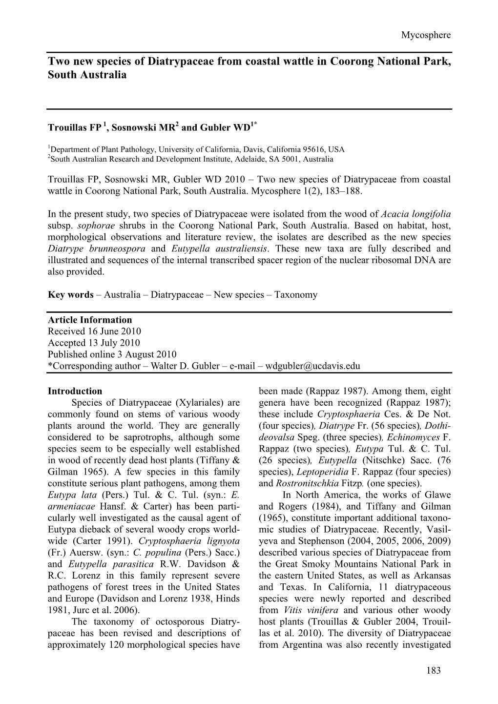 Two New Species of Diatrypaceae from Coastal Wattle in Coorong National Park, South Australia