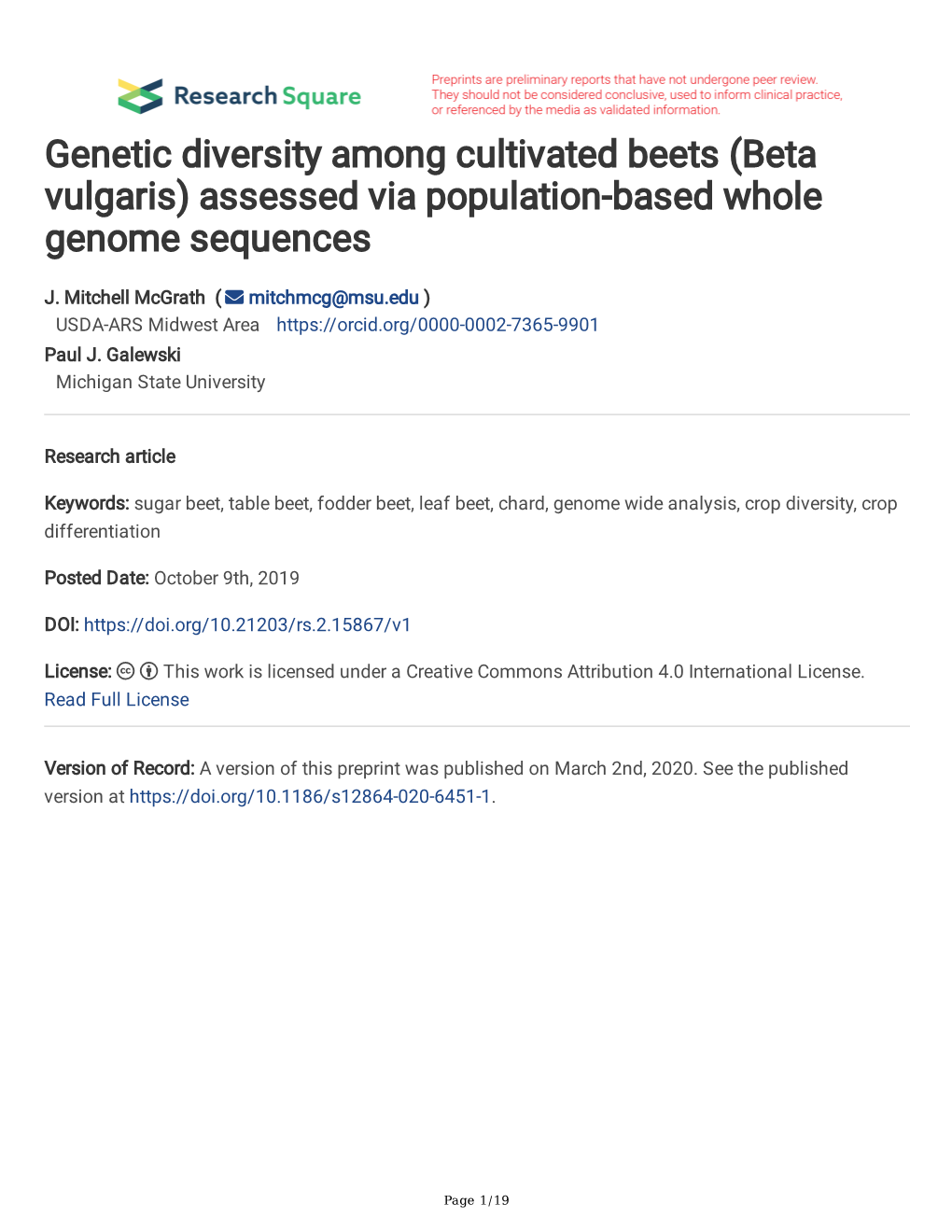 Genetic Diversity Among Cultivated Beets (Beta Vulgaris) Assessed Via Population-Based Whole Genome Sequences