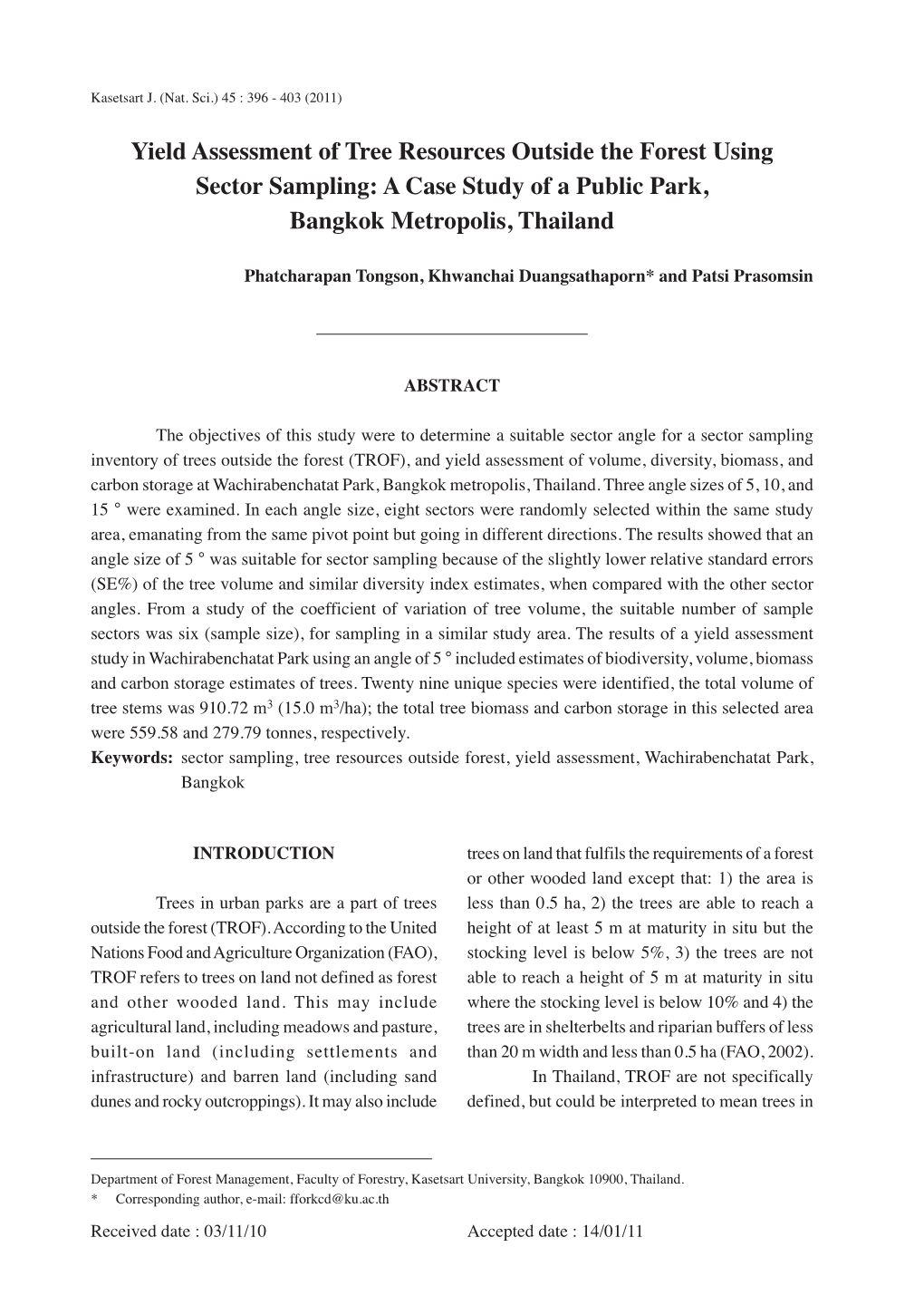 Yield Assessment of Tree Resources Outside the Forest Using Sector Sampling: a Case Study of a Public Park, Bangkok Metropolis, Thailand