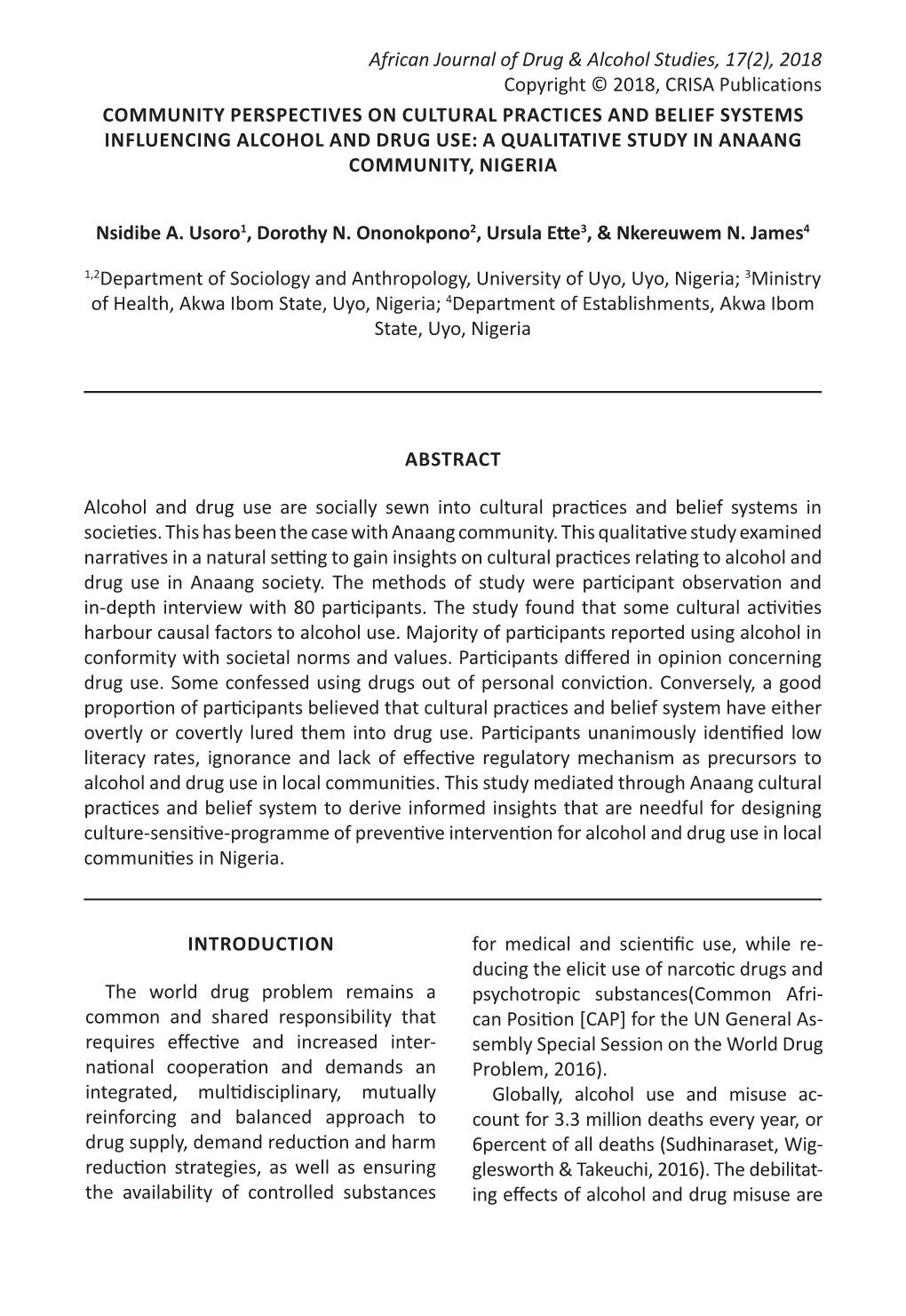 African Journal of Drug & Alcohol Studies, 17(2), 2018