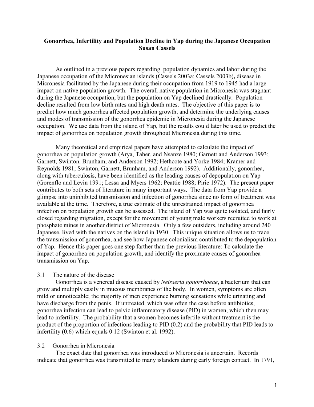 1 Gonorrhea, Infertility and Population Decline in Yap During the Japanese