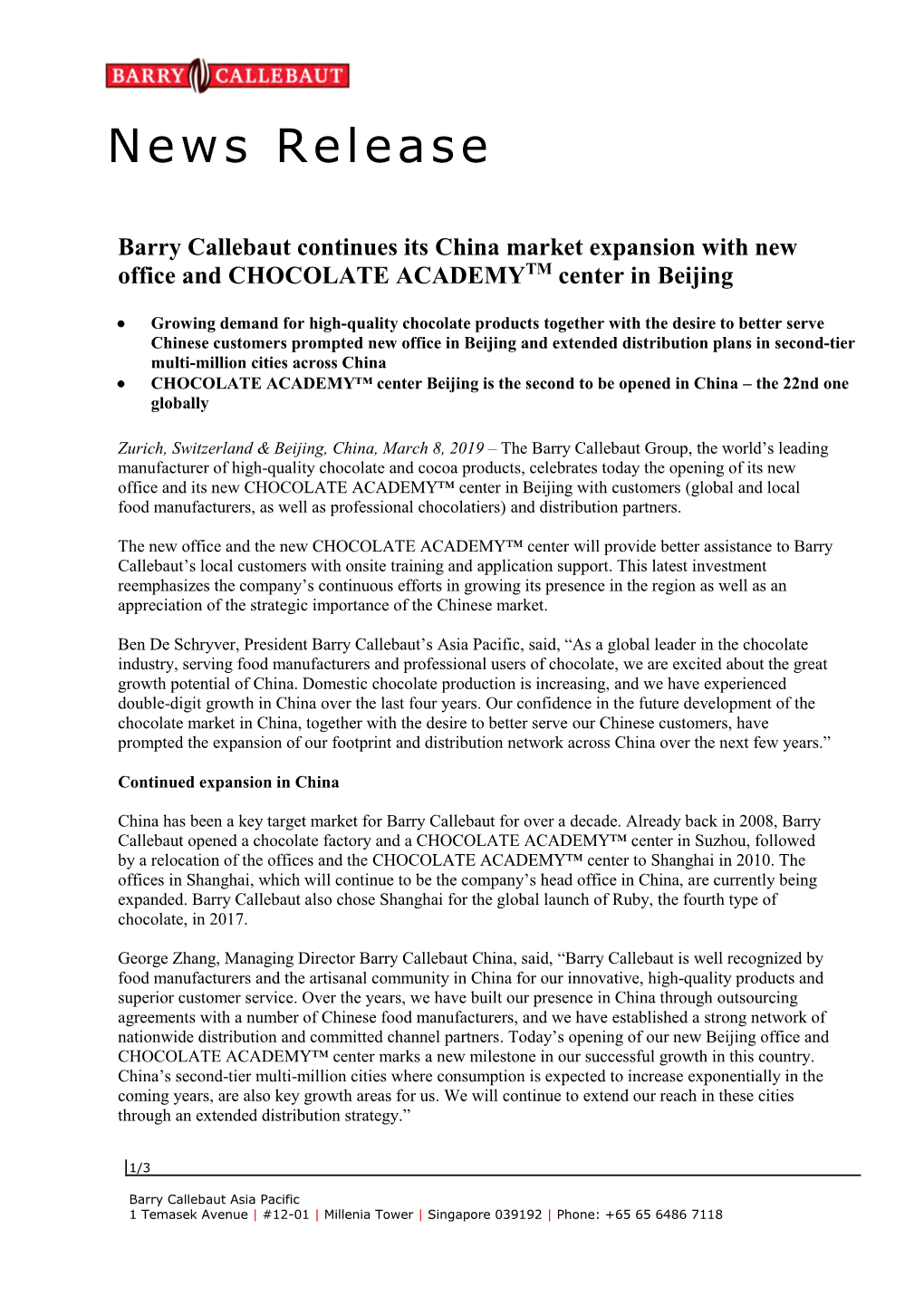 Barry Callebaut Continues Its China Market Expansion with New Office and CHOCOLATE ACADEMYTM Center in Beijing