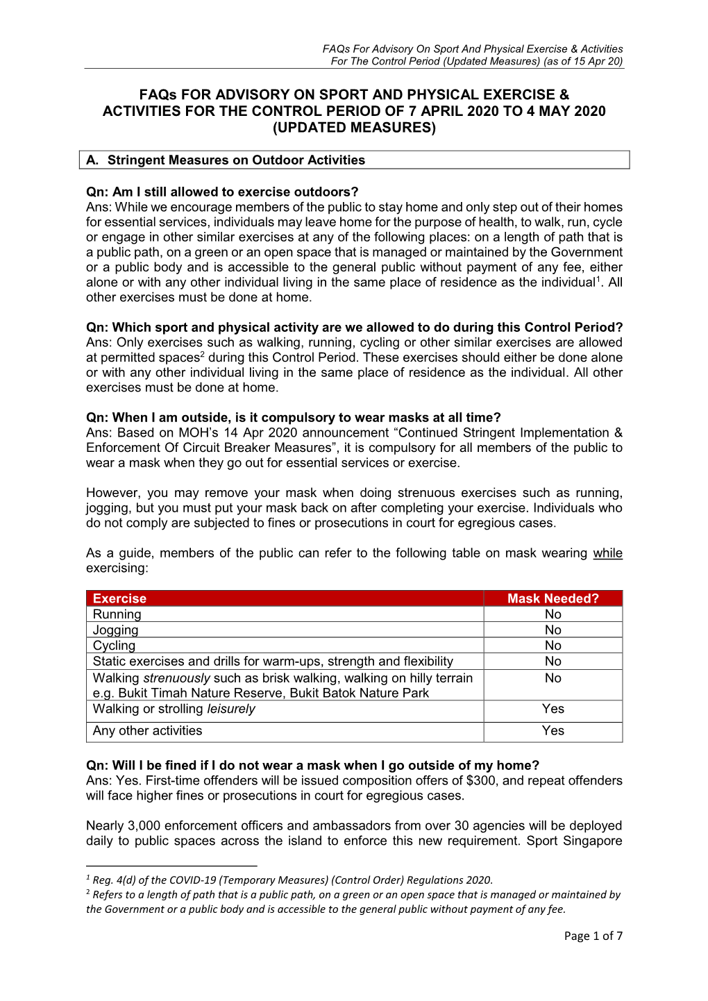 Faqs for Advisory on Sport and Physical Exercise & Activities for the Control Period (Updated Measures) (As of 15 Apr 20)