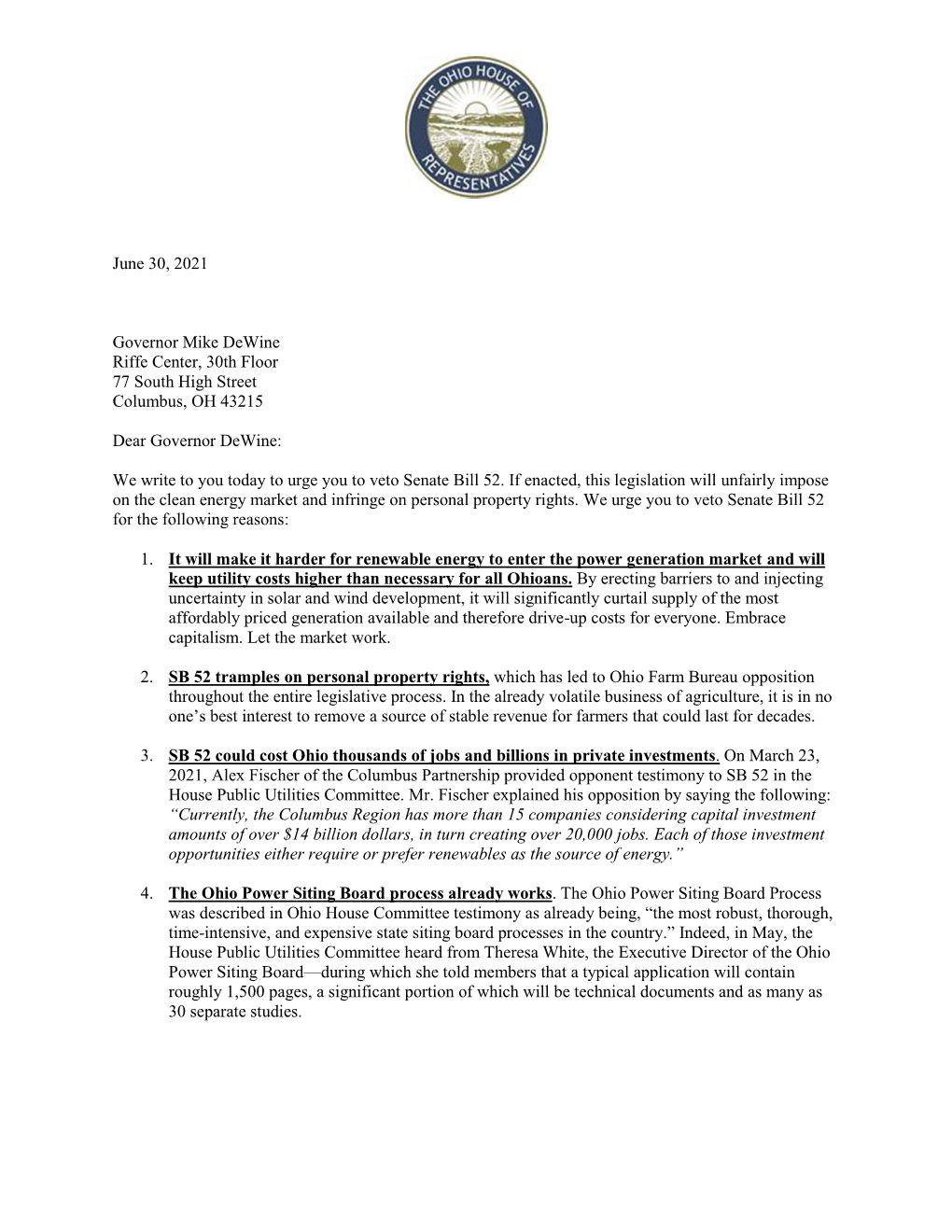 Sent a Letter Urging Gov. Dewine to Veto Senate Bill (SB) 52