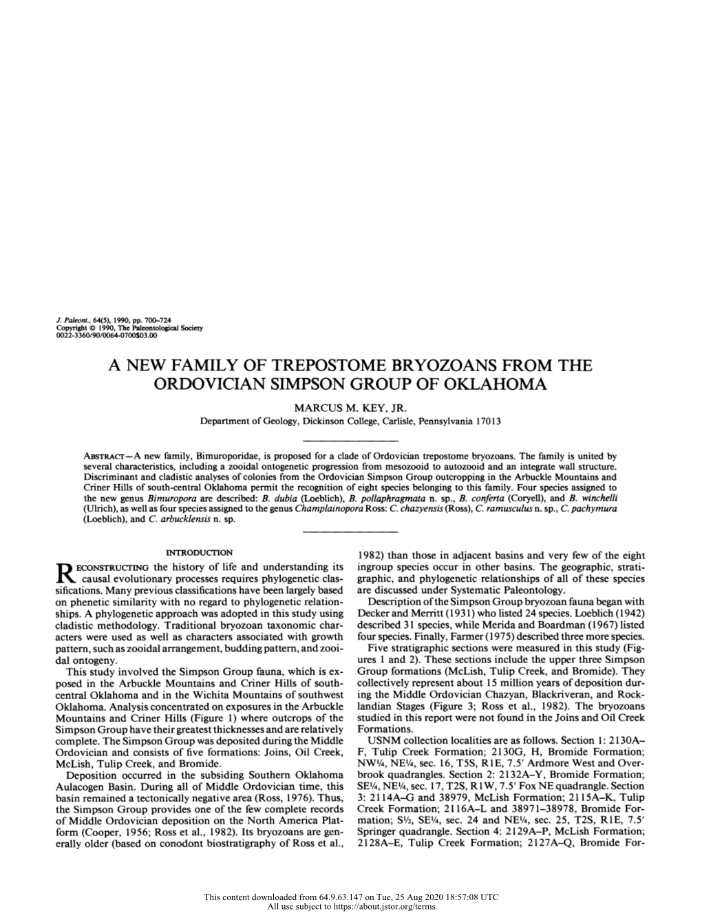 A New Family of Trepostome Bryozoans from the Ordovician Simpson Group of Oklahoma