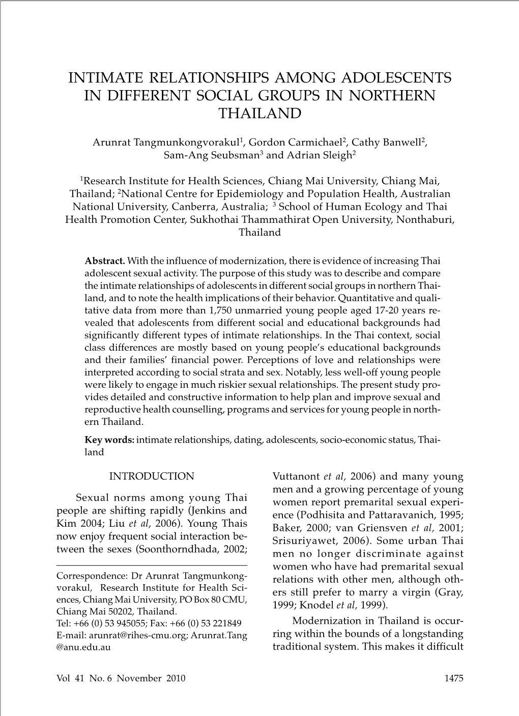 Intimate Relationships Among Adolescents in Different Social Groups in Northern Thailand