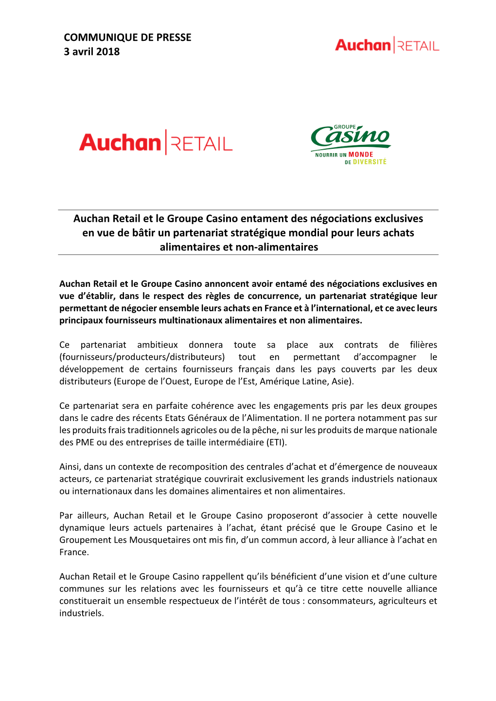 COMMUNIQUE DE PRESSE 3 Avril 2018 Auchan Retail Et Le Groupe