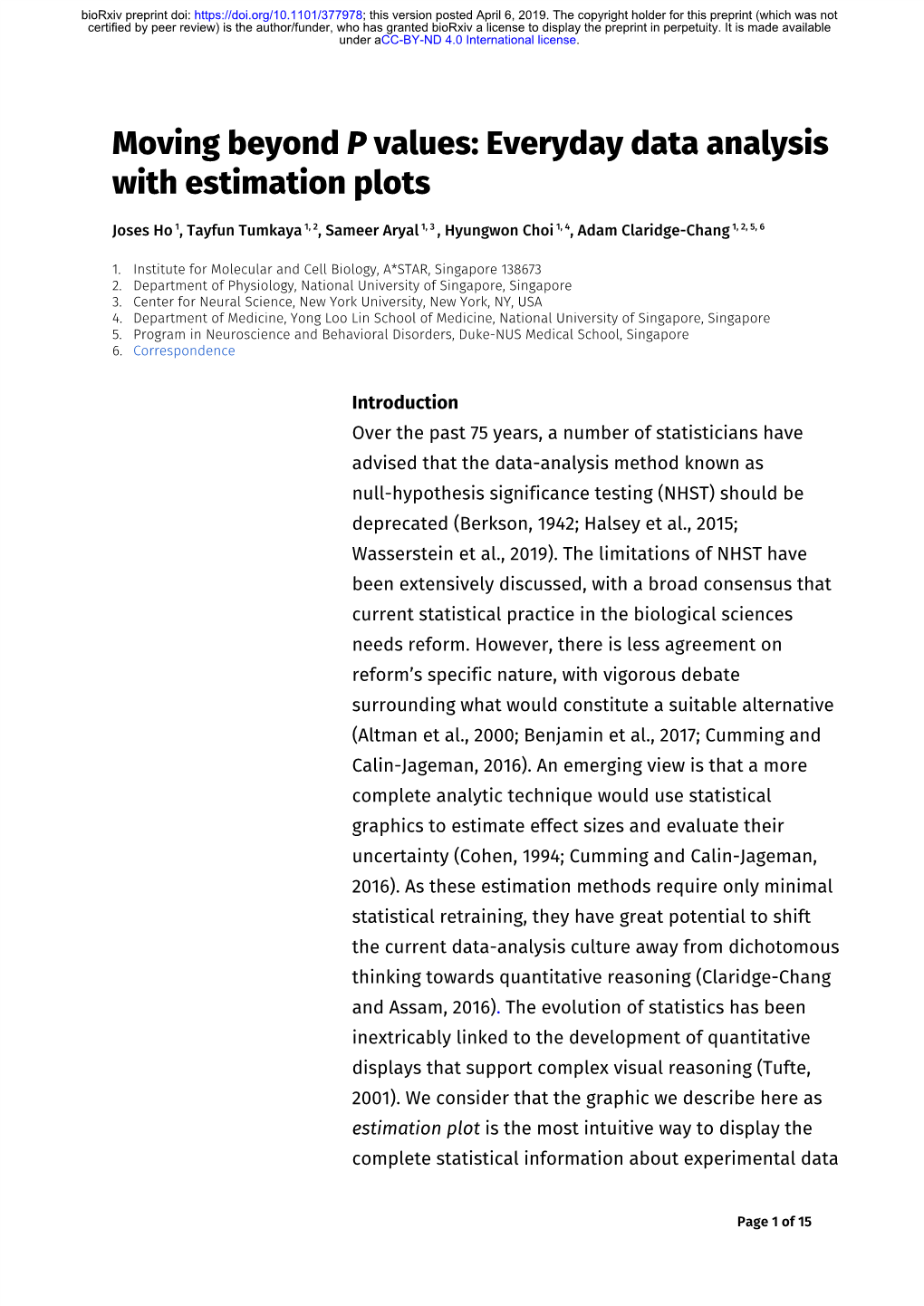 Moving Beyond P Values: Everyday Data Analysis with Estimation Plots