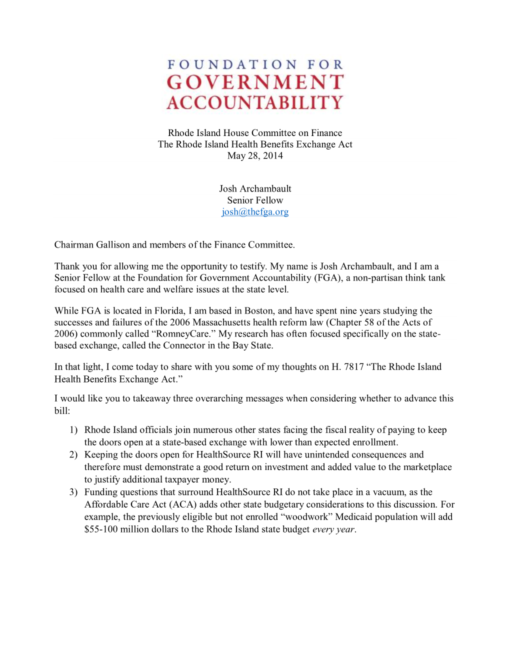 Rhode Island House Committee on Finance the Rhode Island Health Benefits Exchange Act May 28, 2014