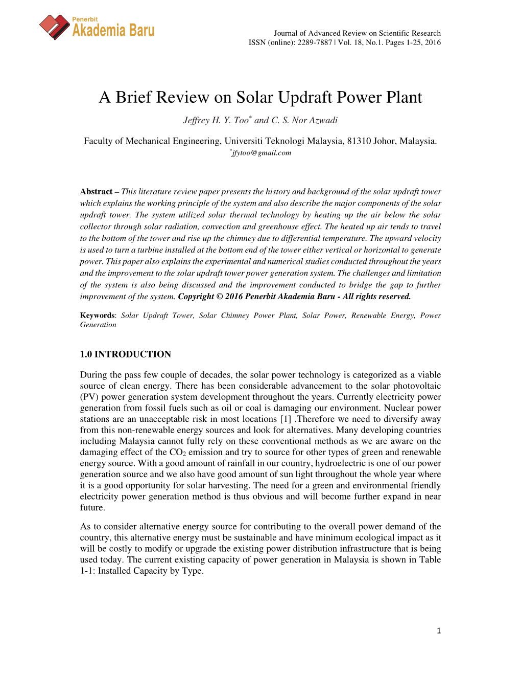 Akademia Baru a Brief Review on Solar Updraft Power Plant