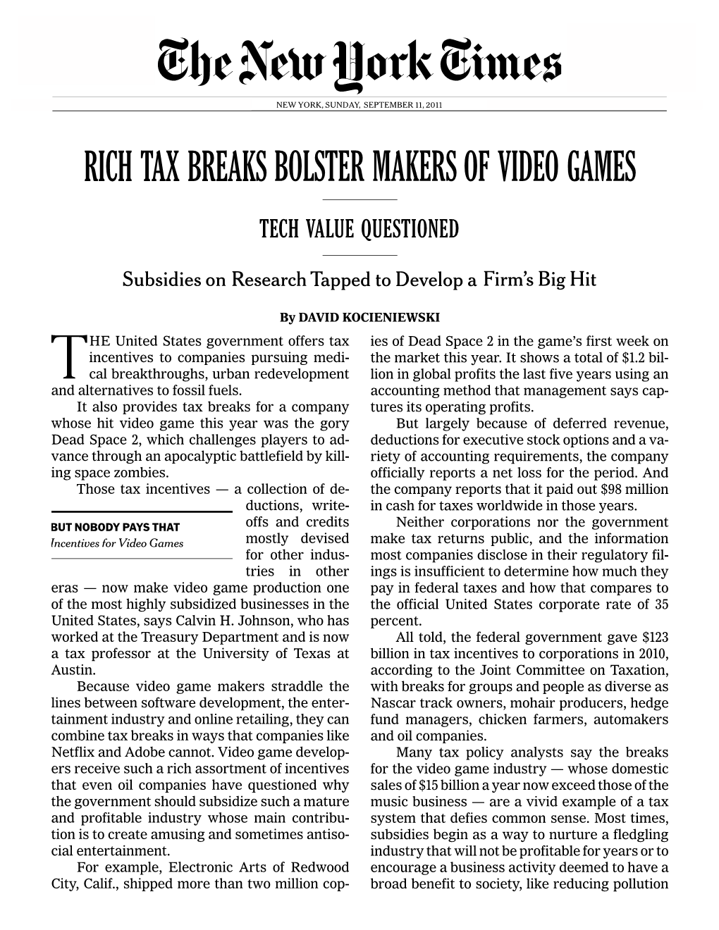 Bolster Makers of Video Games Rich Tax Breaks