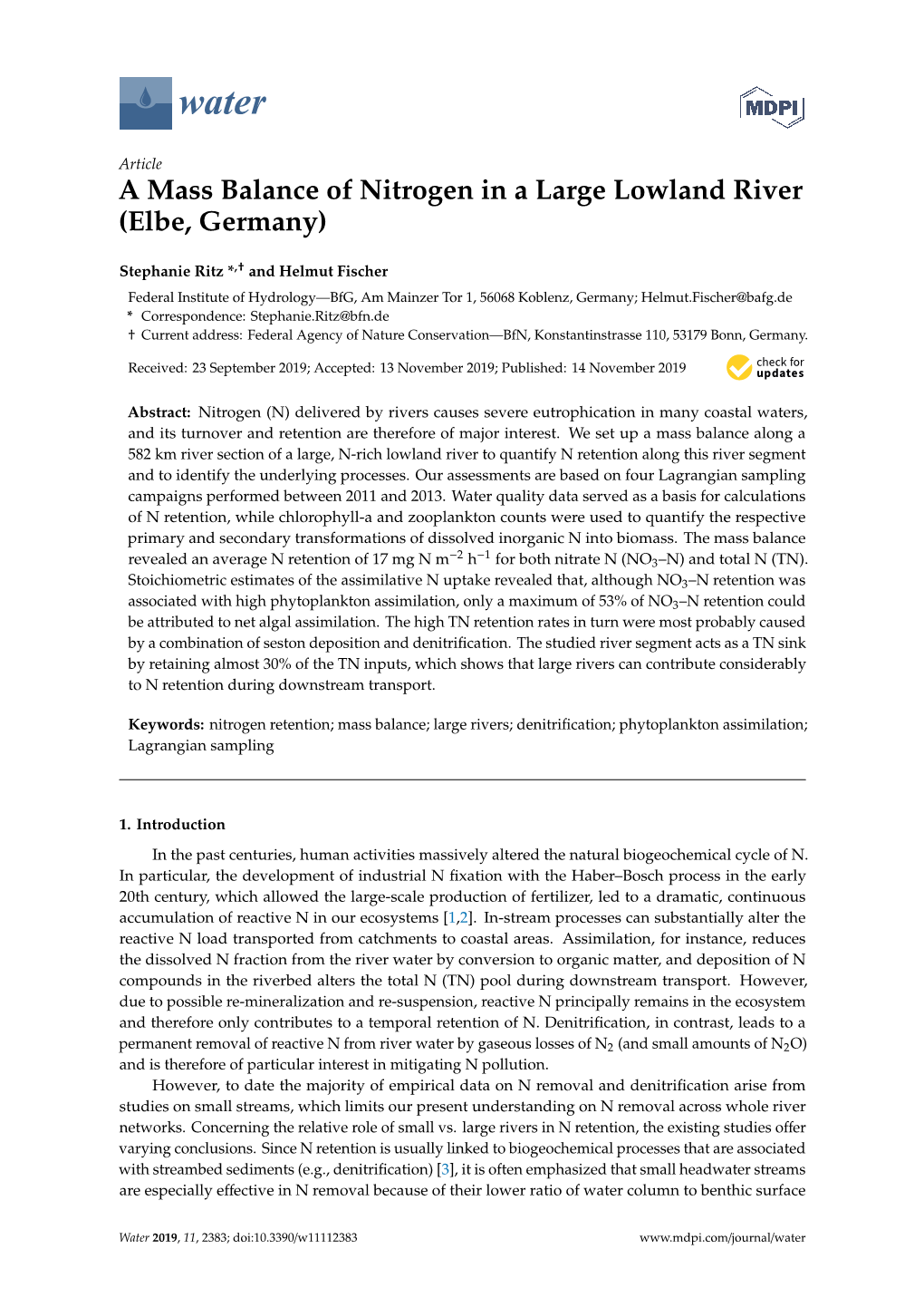 A Mass Balance of Nitrogen in a Large Lowland River (Elbe, Germany)