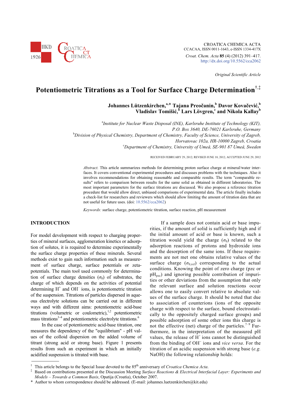 Potentiometric Titrations As a Tool for Surface Charge Determination†,‡