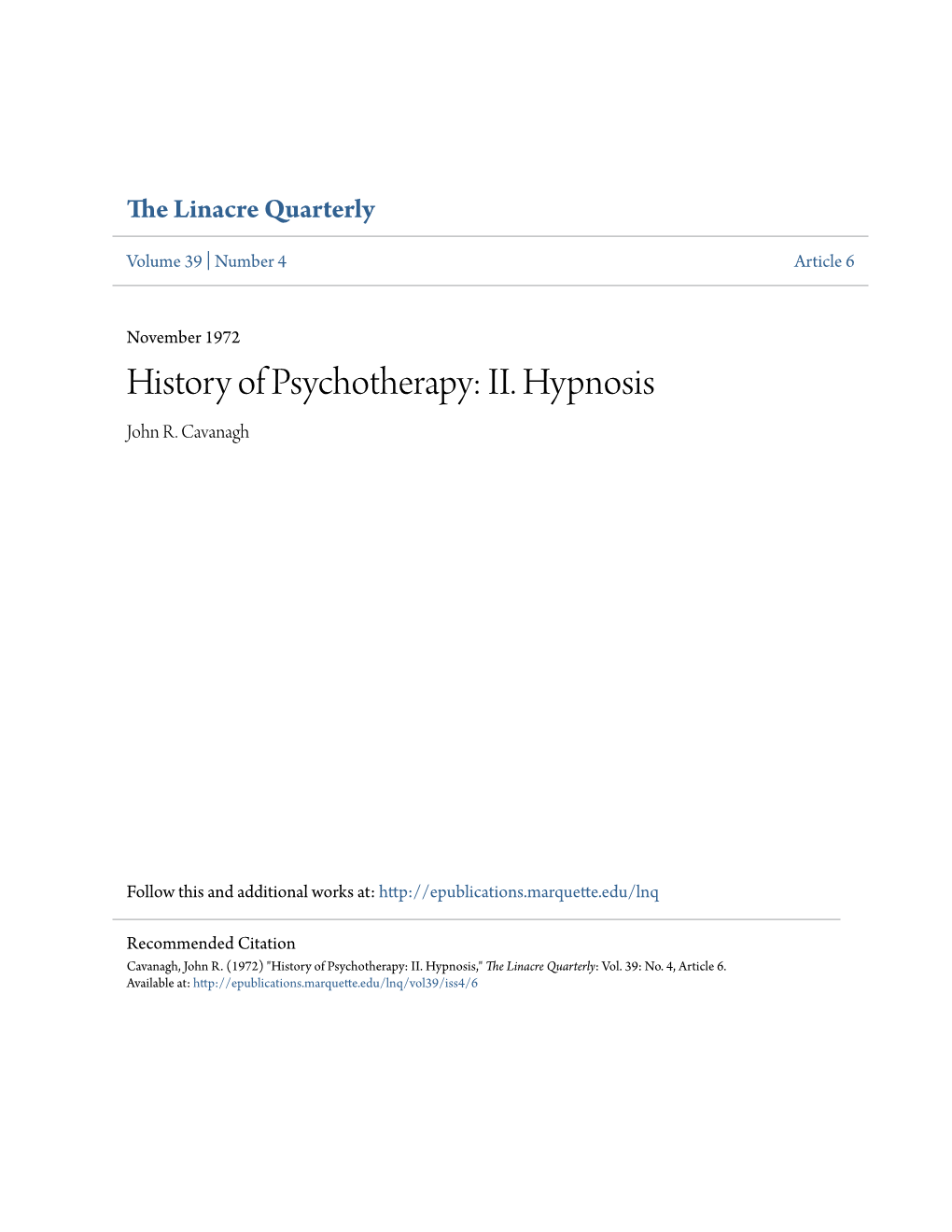 History of Psychotherapy: II. Hypnosis John R