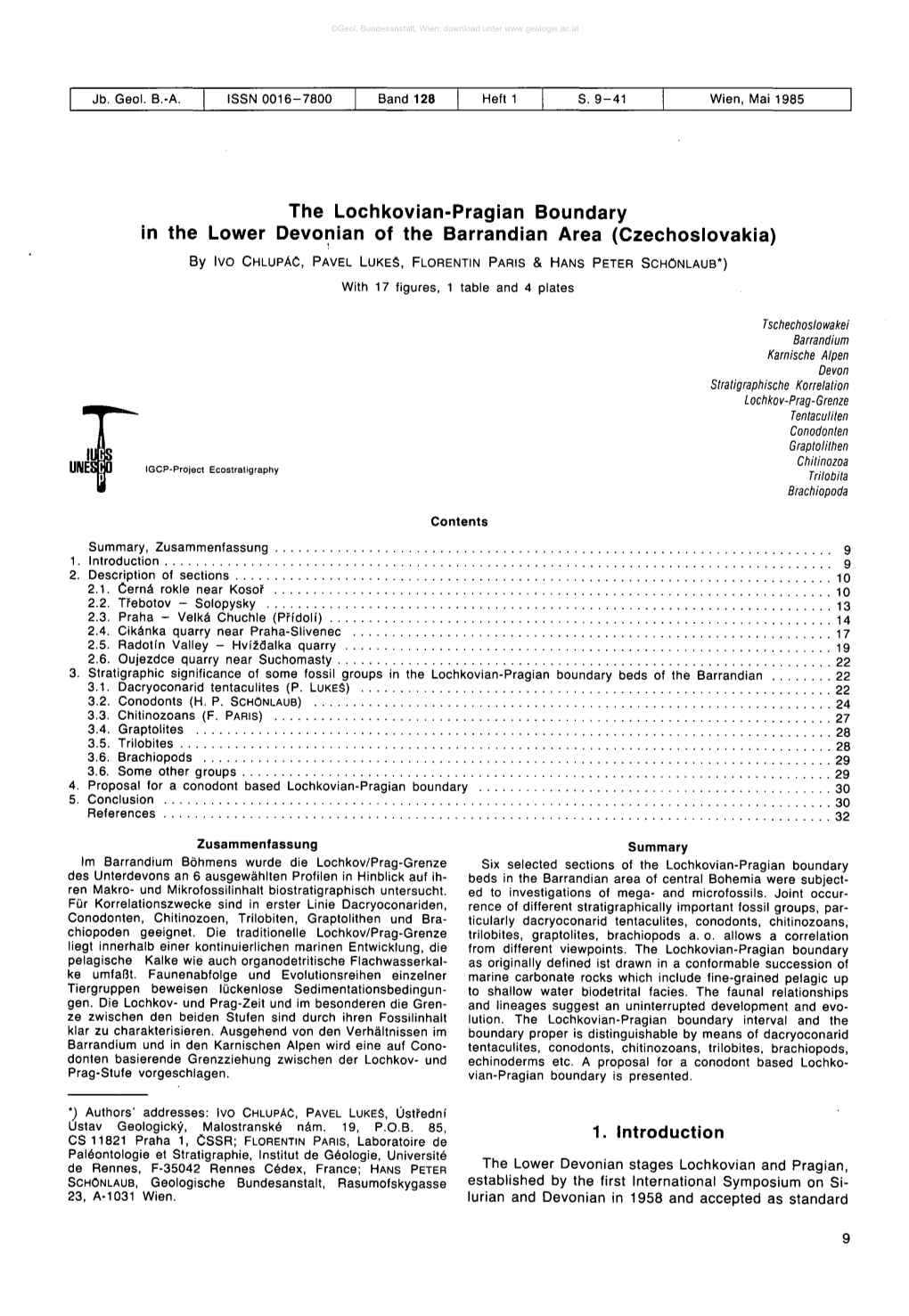 The Lochkovian-Pragian Boundary in the Lower Devo~Ian of the Barrandian Area (Czechoslovakia)