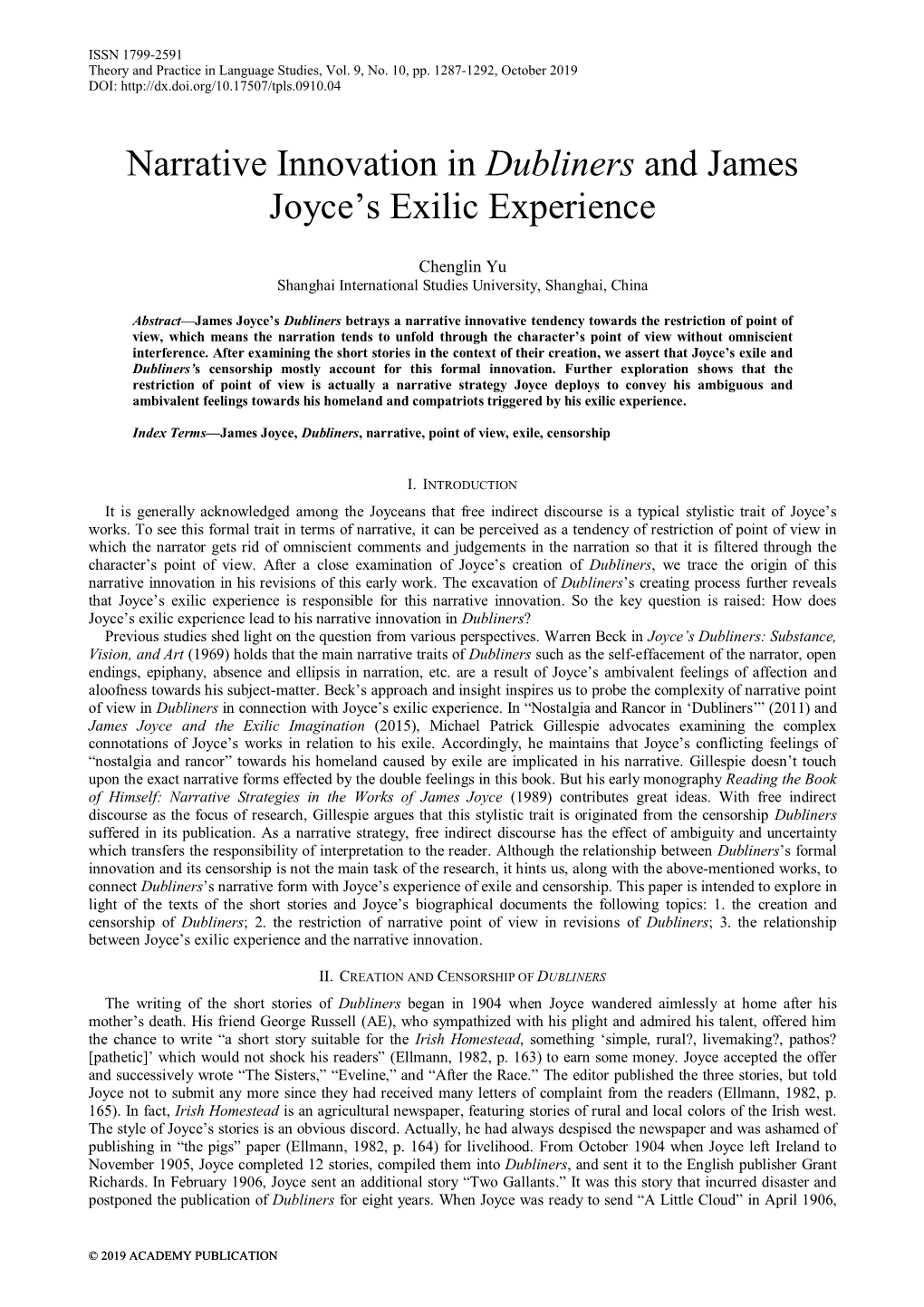 Narrative Innovation in Dubliners and James Joyce's Exilic Experience