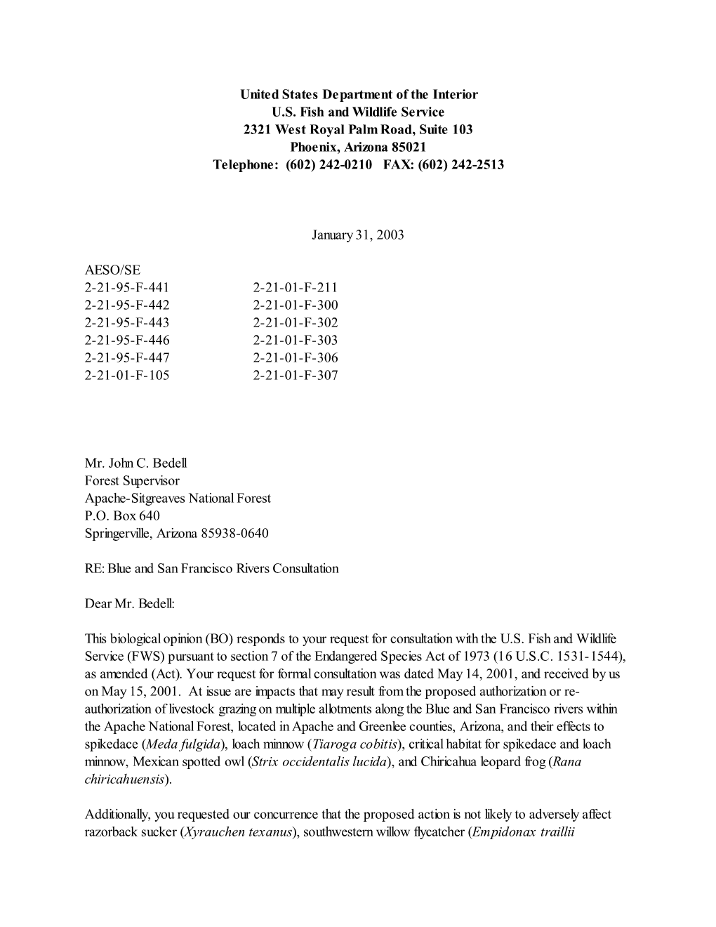 United States Department of the Interior U.S. Fish and Wildlife Service 2321 West Royal Palm Road, Suite 103 Phoenix, Arizona 85