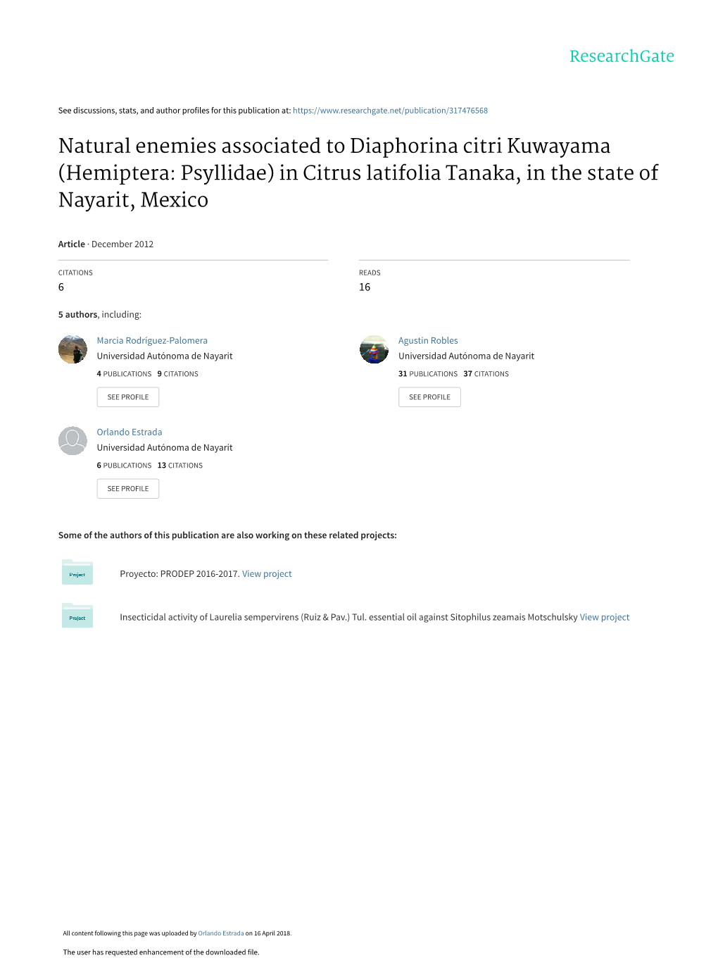 Natural Enemies Associated to Diaphorina Citri Kuwayama (Hemiptera: Psyllidae) in Citrus Latifolia Tanaka, in the State of Nayarit, Mexico