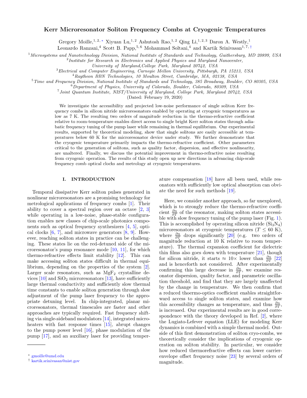 Kerr Microresonator Soliton Frequency Combs at Cryogenic Temperatures