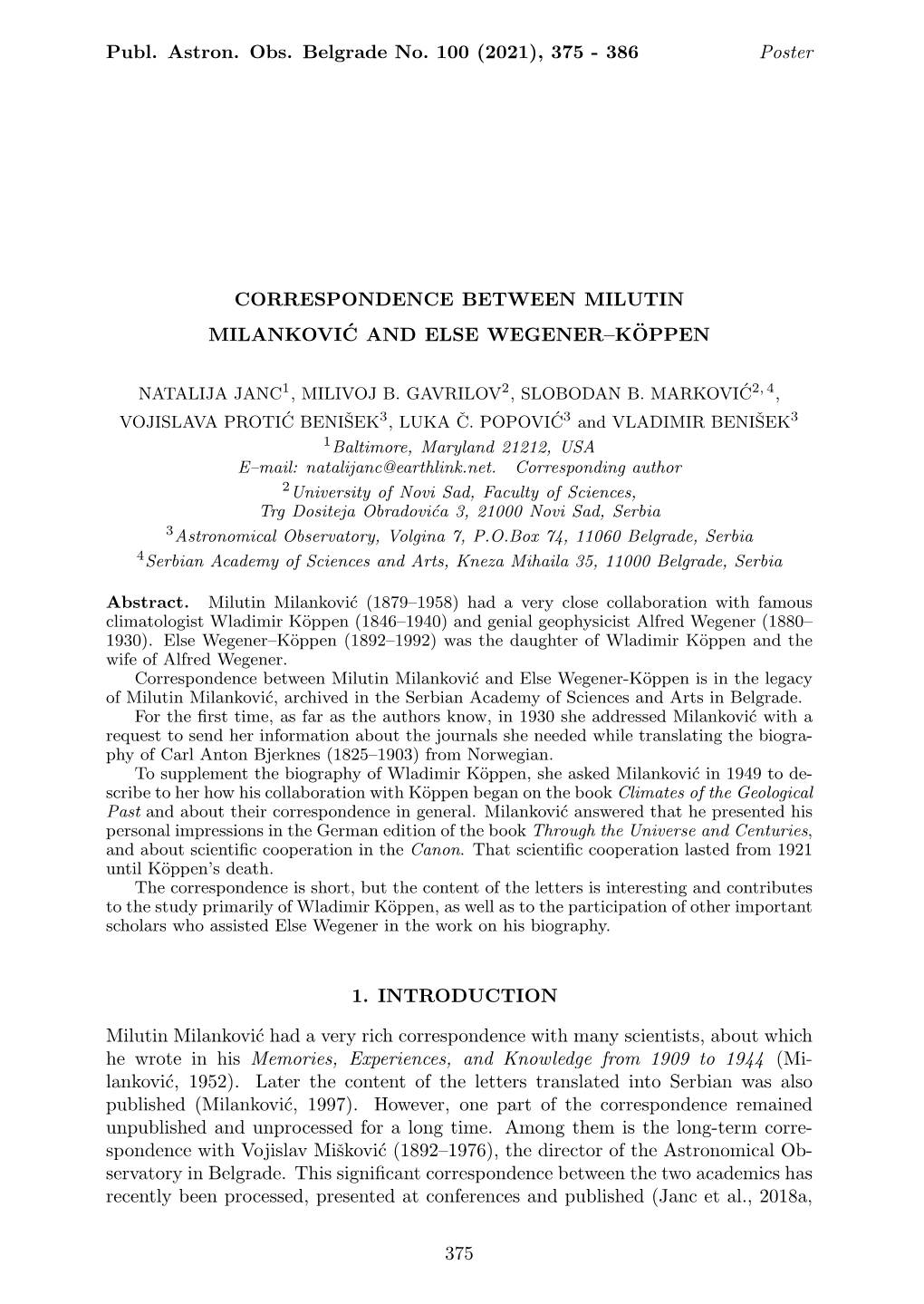 386 Poster CORRESPONDENCE BETWEEN MILUTIN MILANKOVIC