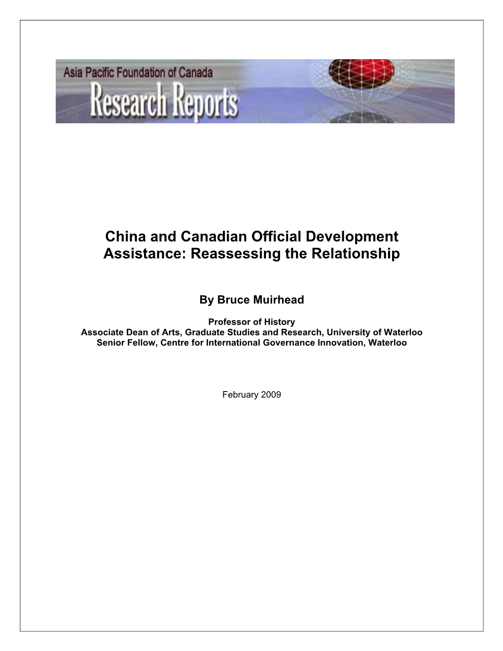 China and Canadian Official Development Assistance: Reassessing the Relationship