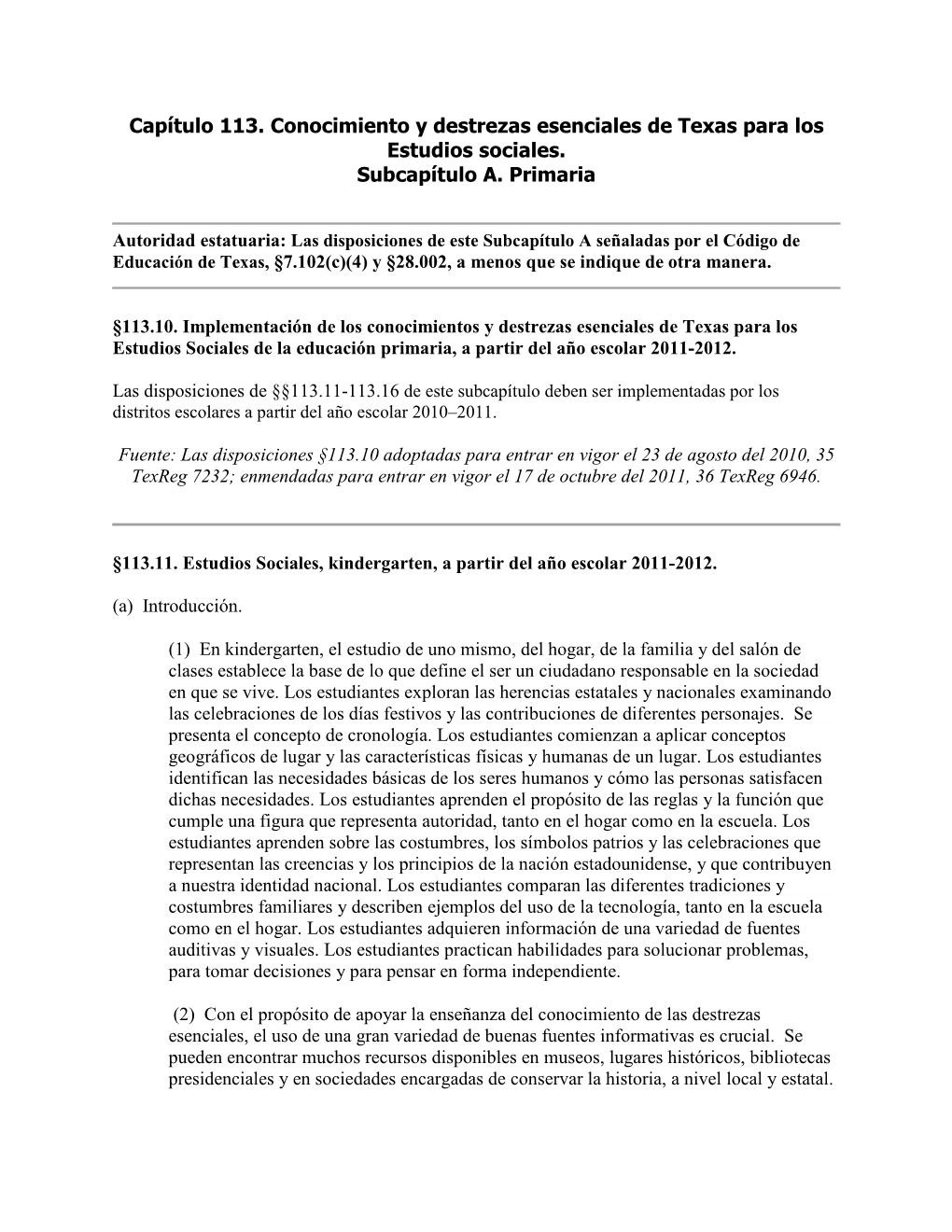 Capítulo 113. Conocimiento Y Destrezas Esenciales De Texas Para Los Estudios Sociales