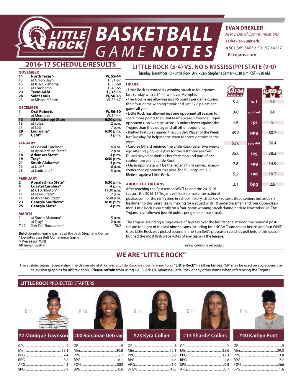 BASKETBALL Esdrexler@Ualr.Edu O 501.569.3403 C 501.529.4157 GAME N OT E S Lrtrojans.Com 2016-17 SCHEDULE/RESULTS LITTLE ROCK (5-4) VS