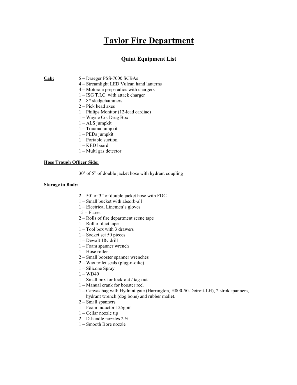 Quint Equipment List