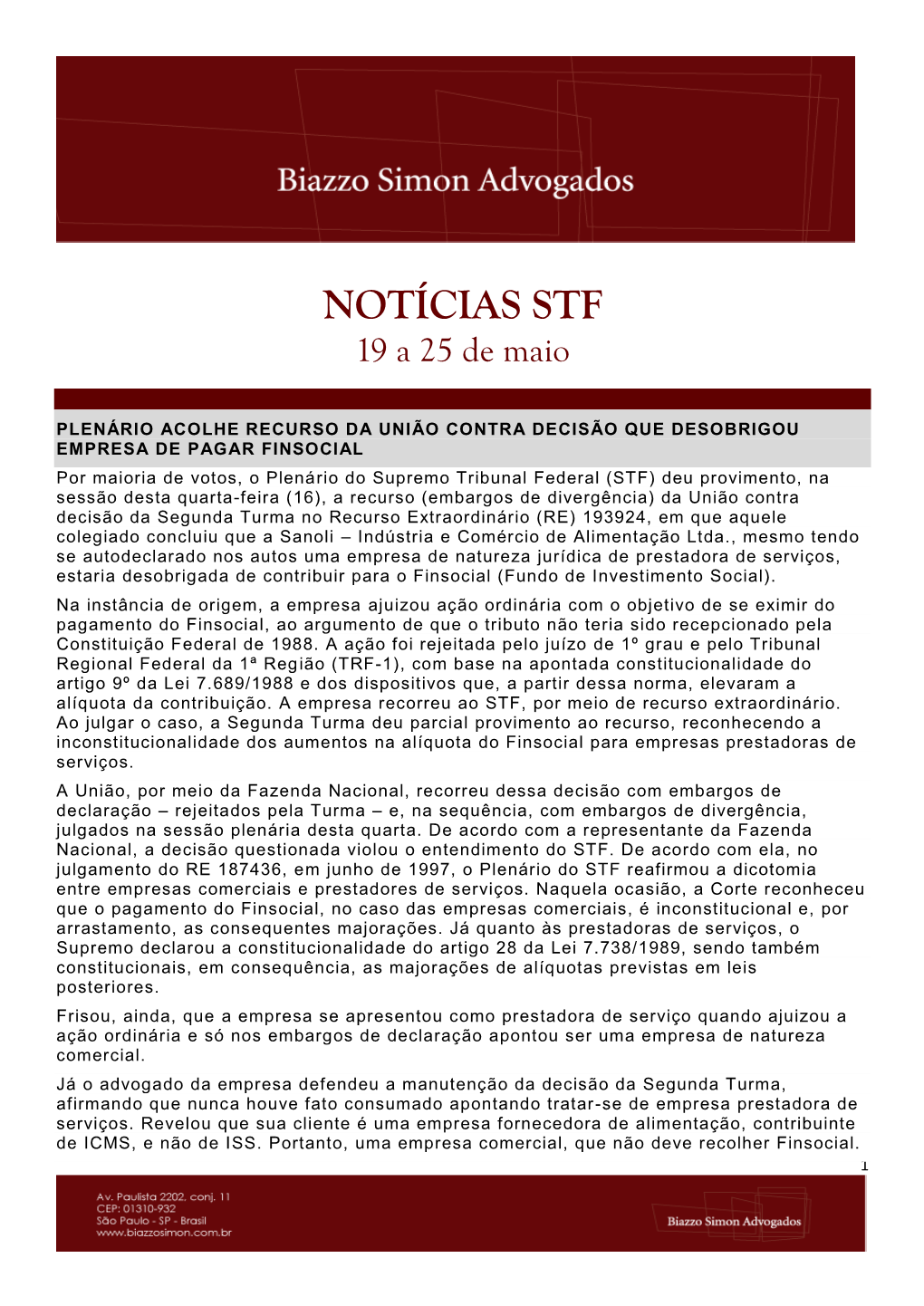 NOTÍCIAS STF 19 a 25 De Maio