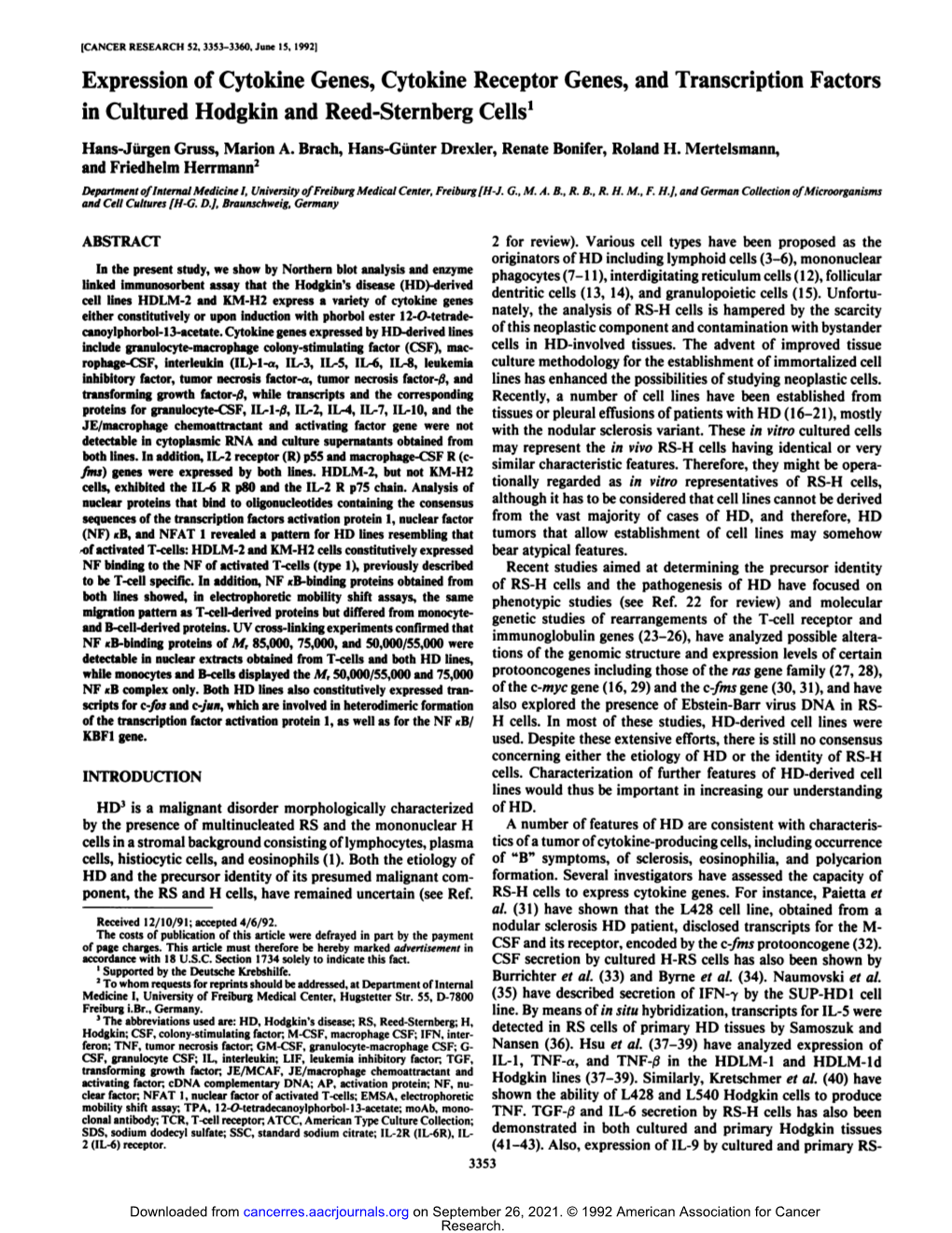 Expression of Cytokine Genes, Cytokine Receptor Genes, and Transcription Factors in Cultured Hodgkin and Reed-Sternberg Cells1