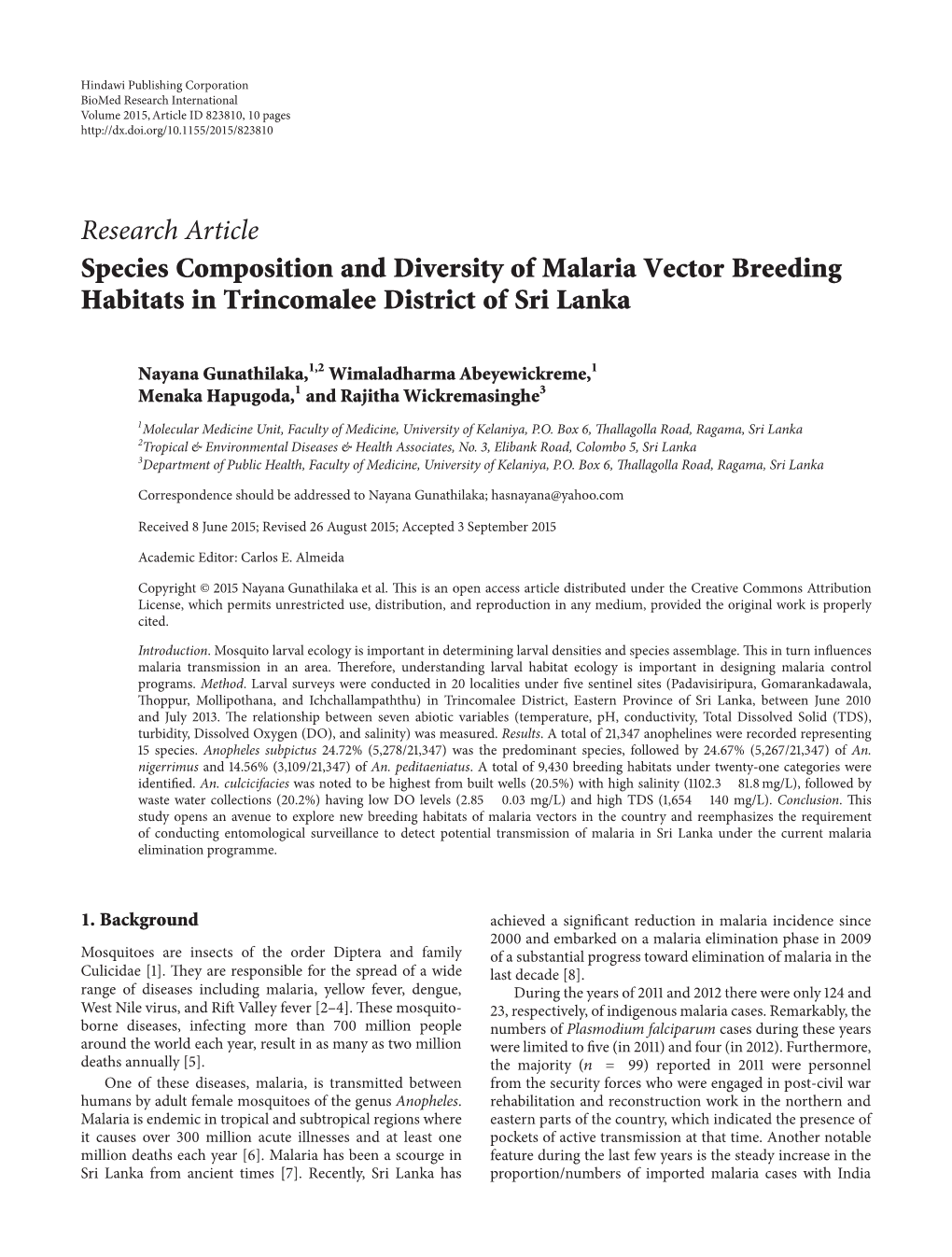 Species Composition and Diversity of Malaria Vector Breeding Habitats in Trincomalee District of Sri Lanka