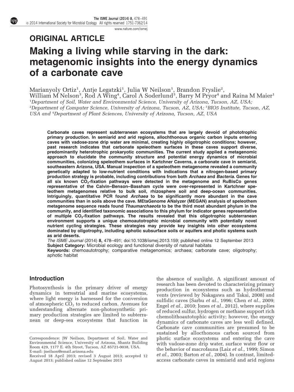 Metagenomic Insights Into the Energy Dynamics of a Carbonate Cave