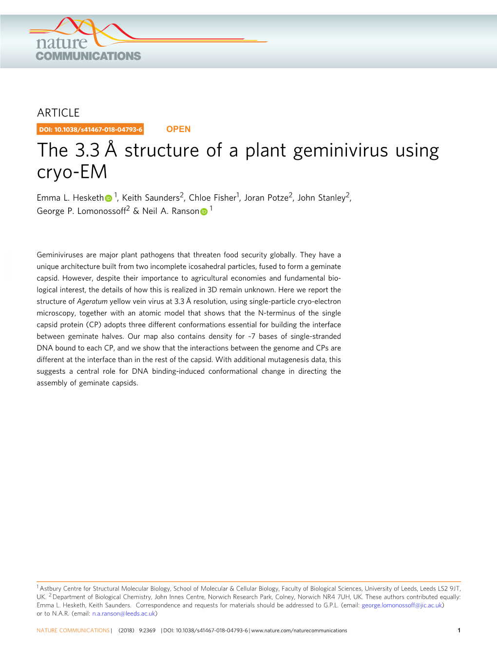 Structure of a Plant Geminivirus Using Cryo-EM