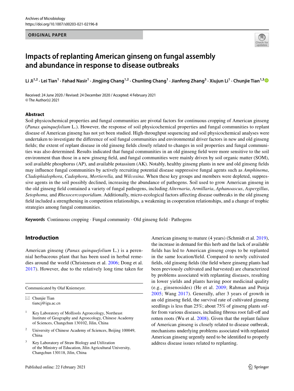 Impacts of Replanting American Ginseng on Fungal Assembly and Abundance in Response to Disease Outbreaks