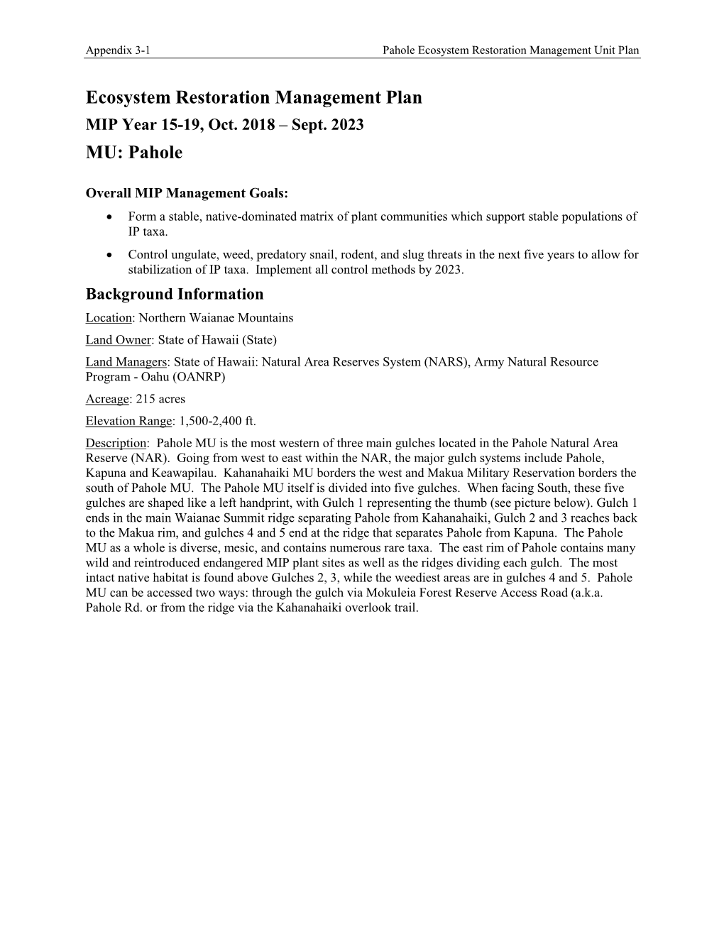 Pahole Ecosystem Restoration Management Unit Plan