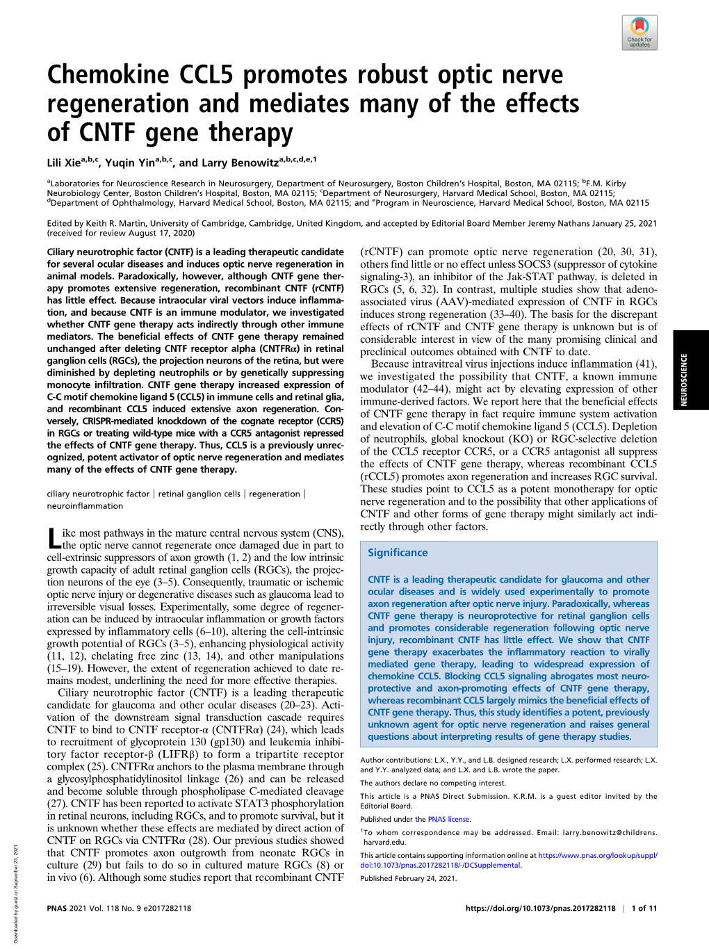 Chemokine CCL5 Promotes Robust Optic Nerve Regeneration and Mediates Many of the Effects of CNTF Gene Therapy