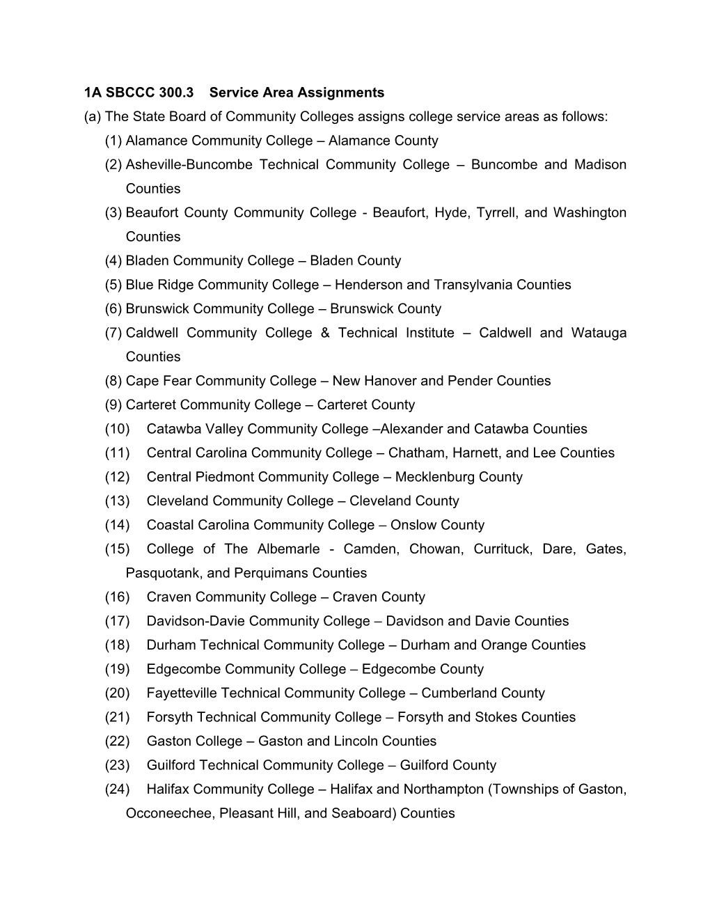 1A SBCCC 300.3 Service Area Assignments