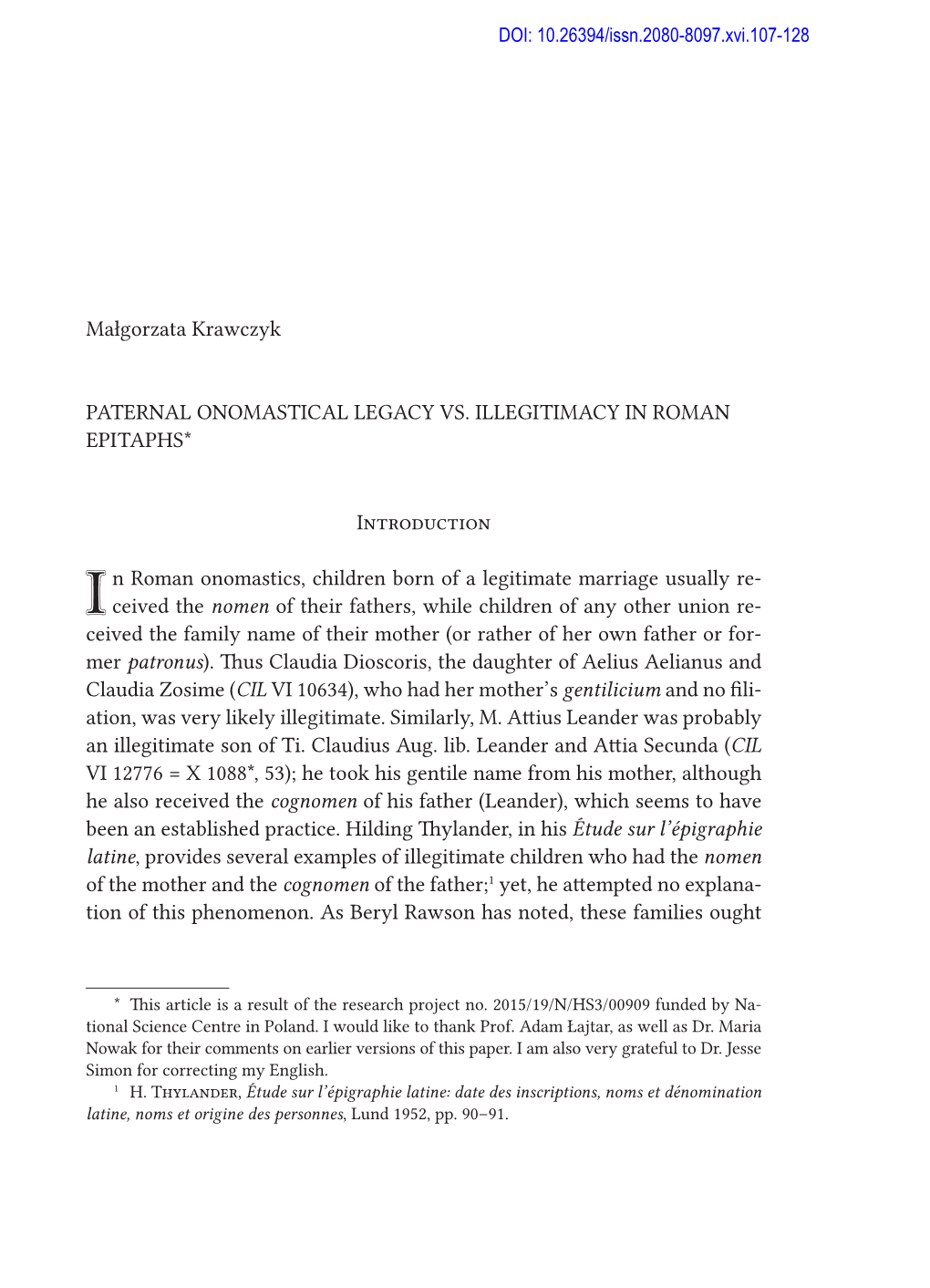 Małgorzata Krawczyk PATERNAL ONOMASTICAL LEGACY VS