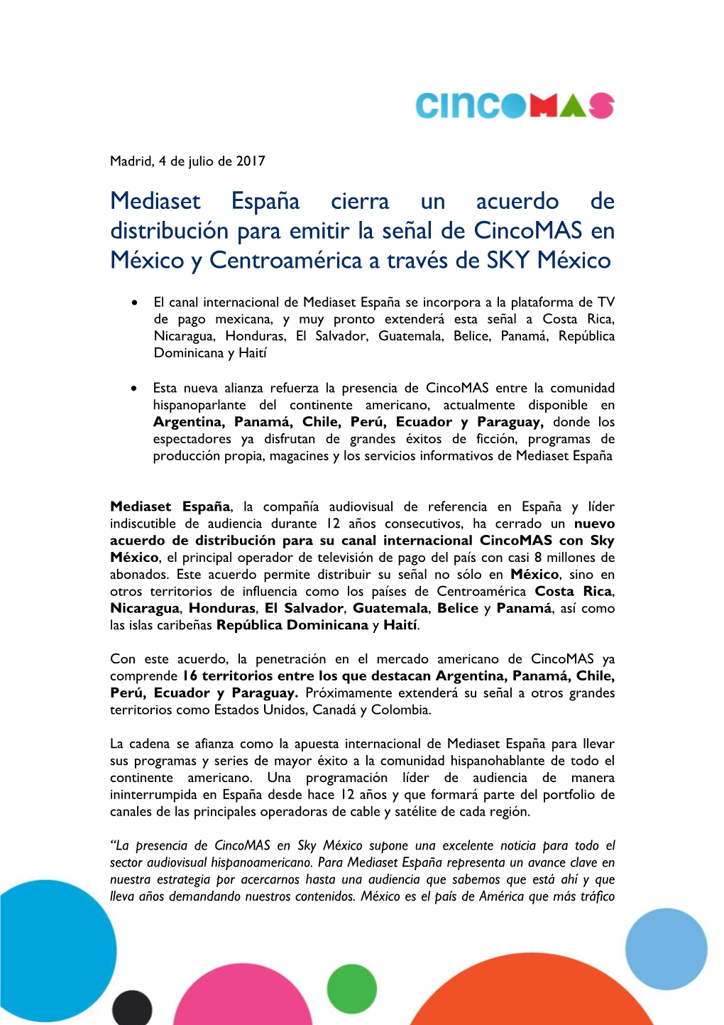 Mediaset España Cierra Un Acuerdo De Distribución Para Emitir La Señal De Cincomas En México Y Centroamérica a Través De SKY México