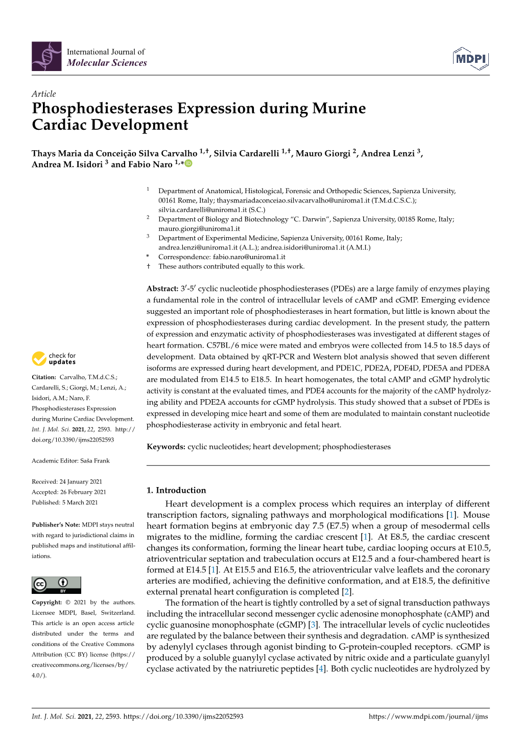 Phosphodiesterases Expression During Murine Cardiac Development