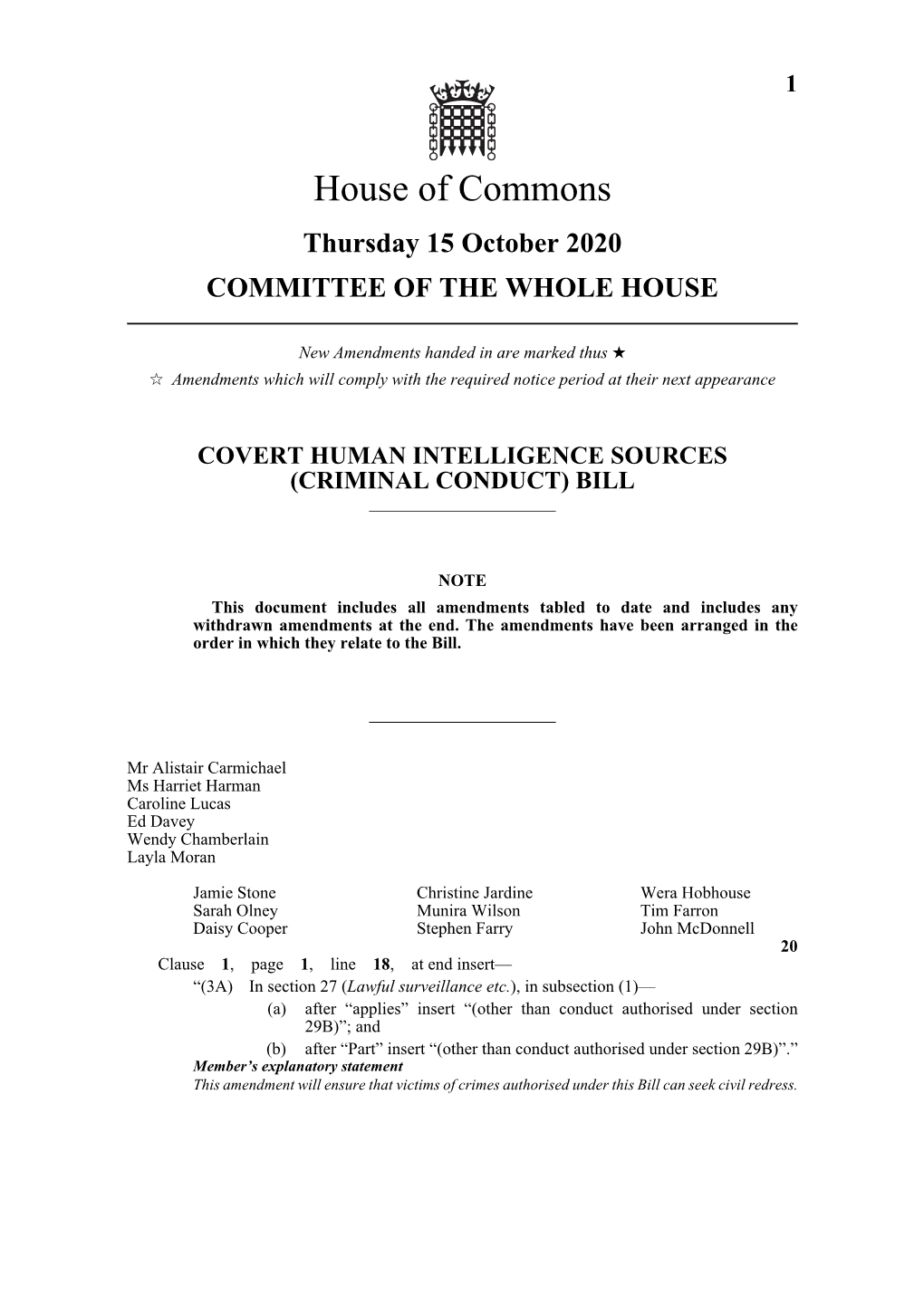 House of Commons Thursday 15 October 2020 COMMITTEE of the WHOLE HOUSE
