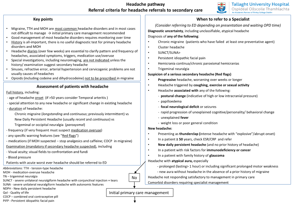 Referral Criteria for Headache Referrals to Secondary Care