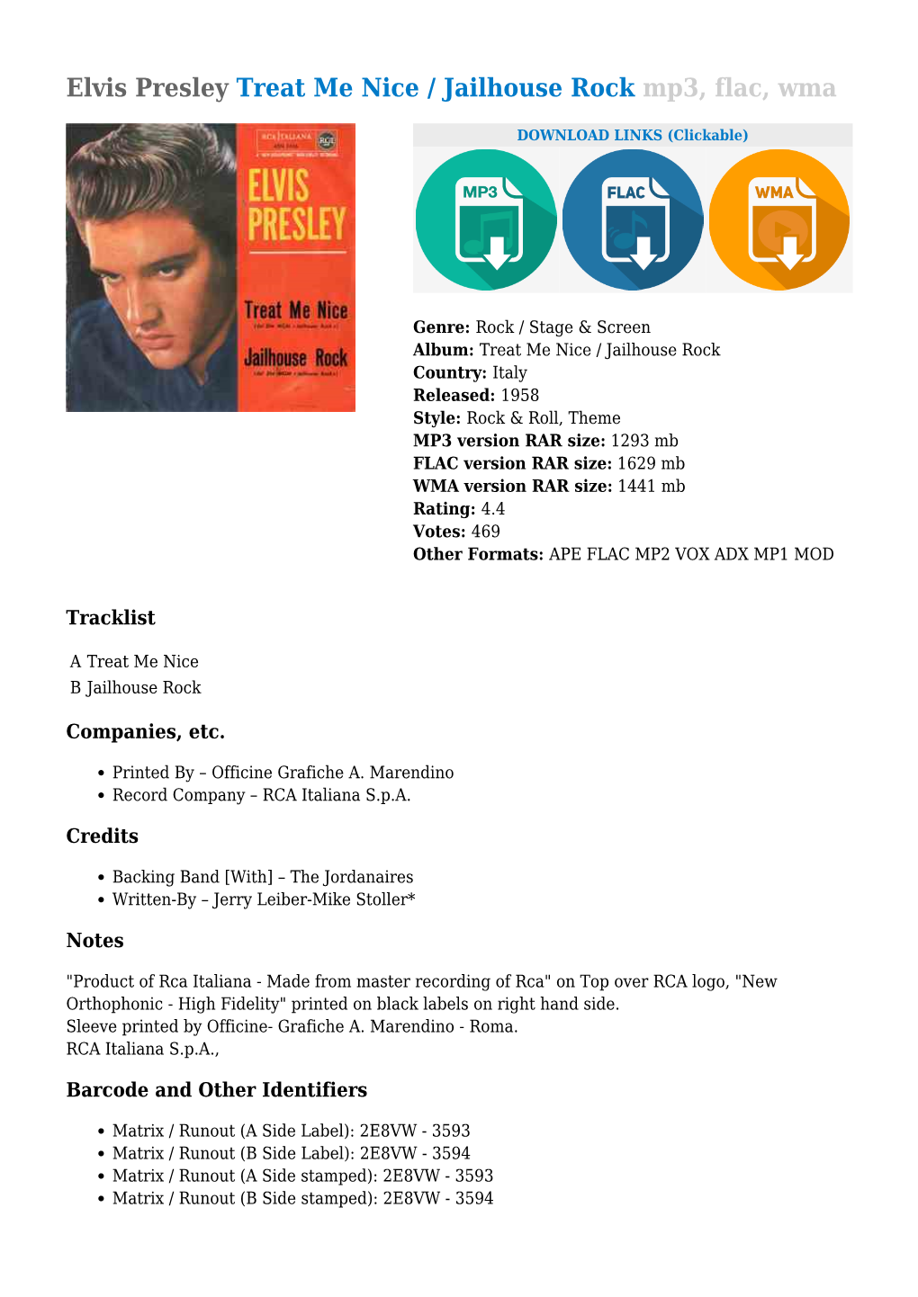 Elvis Presley Treat Me Nice / Jailhouse Rock Mp3, Flac, Wma