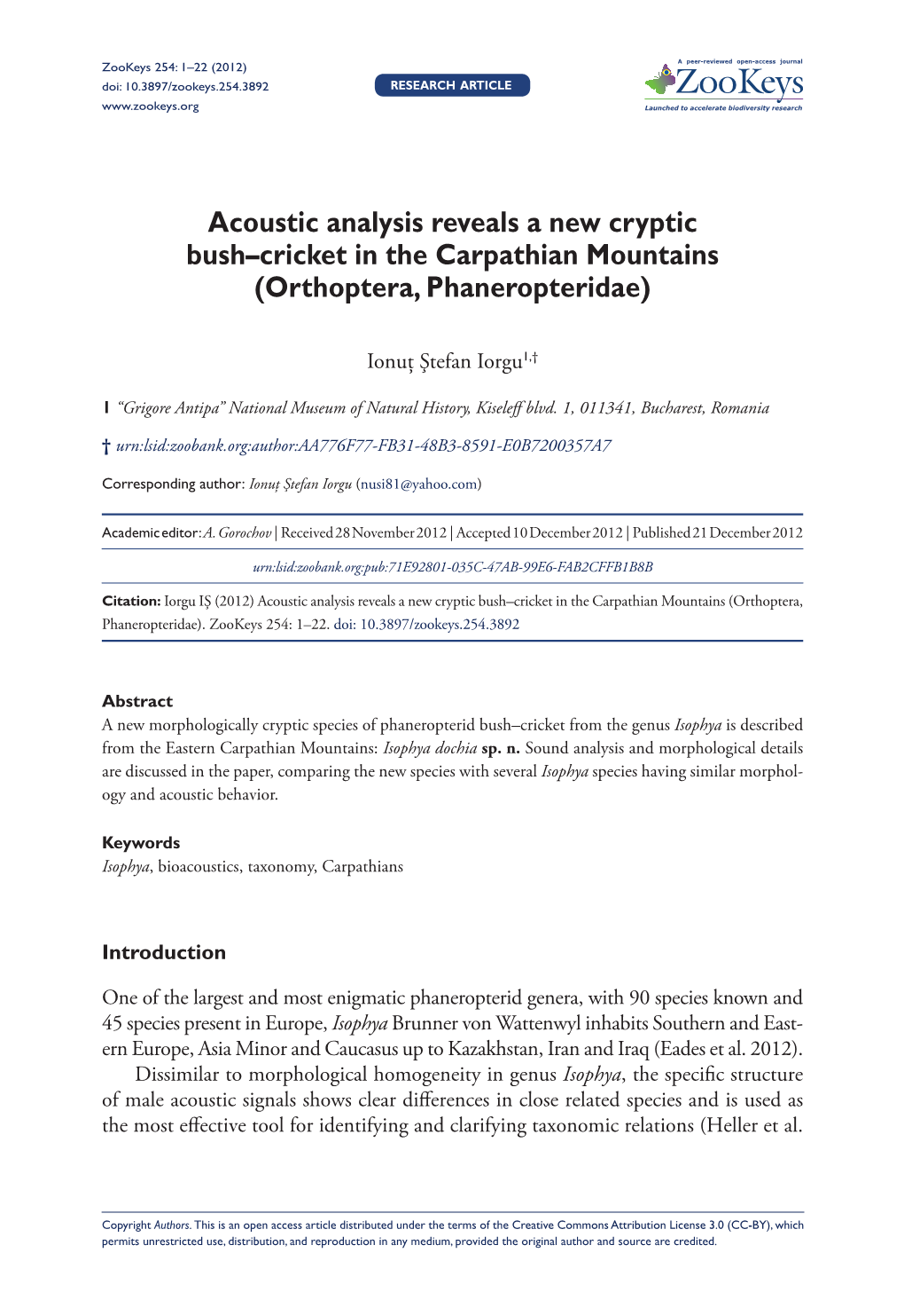 Acoustic Analysis Reveals a New Cryptic Bush–Cricket in the Carpathian Mountains (Orthoptera, Phaneropteridae)