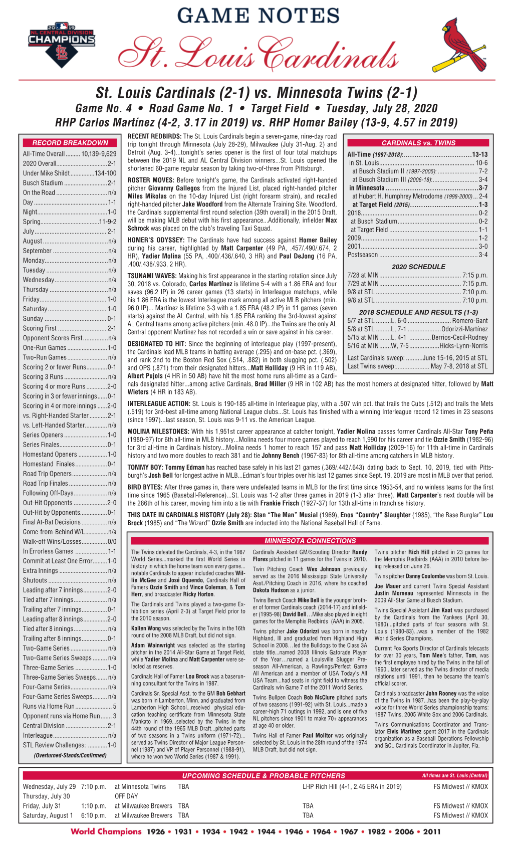 St. Louis Cardinals (2-1) Vs. Minnesota Twins (2-1) Game No